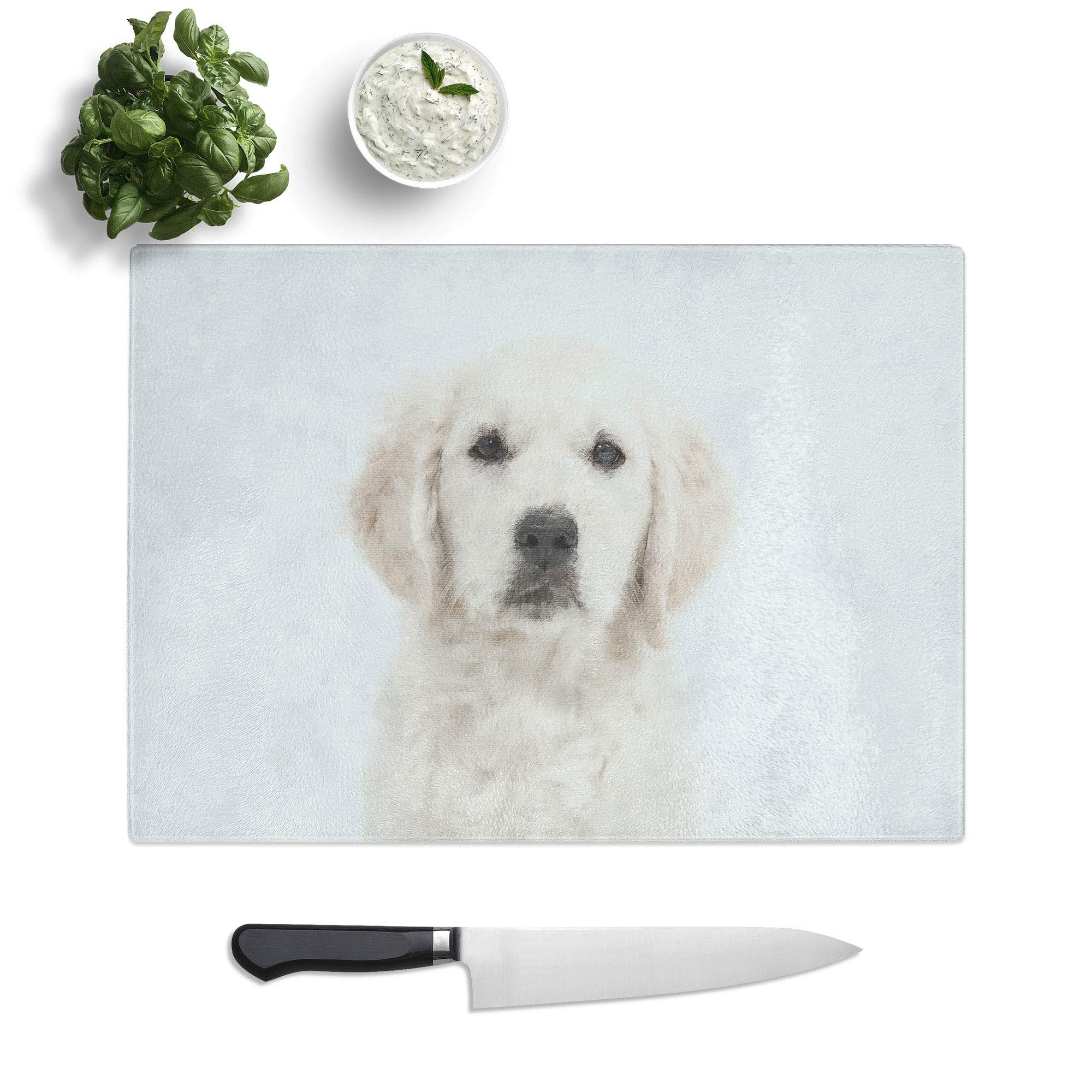 Glass Chopping Board - Golden Retriever Puppy Painting - Textured Worktop Saver Cutting Board - Heat Resistant, Shatterproof and Hygenic - 28.5 x 20 cm