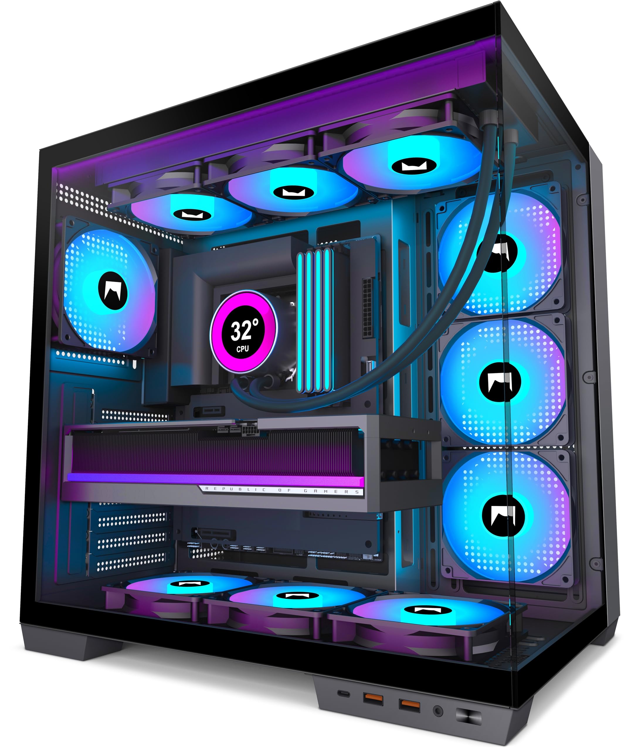 HYXN H1 Case PC ATX – Preinstallato con 7 ventole PWM ARGB, doppia camera Mid Tower Case per PC Gaming, con Type-C, può ospitare contemporaneamente 3 radiatori da 360 mm (nero, H1)