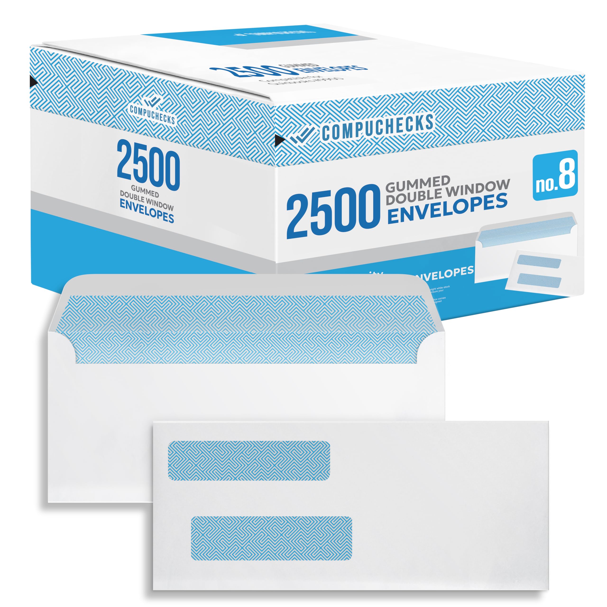Compuchecks Double Window Envelopes - Gummed, Security Business Mailing Check Envelopes - Tamper Evident, Security Tint - 2500 Count – Guaranteed to