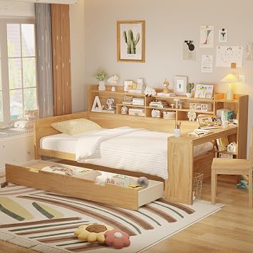 Twin Size Daybed with Storage Shelves, Corner Bed Frame with Built-in Desk and 2 Under Bed Drawers, Wooden Bedframe for Living Room & Guest Room, No Box Spring Needed Natural, Twin w/Drawer
