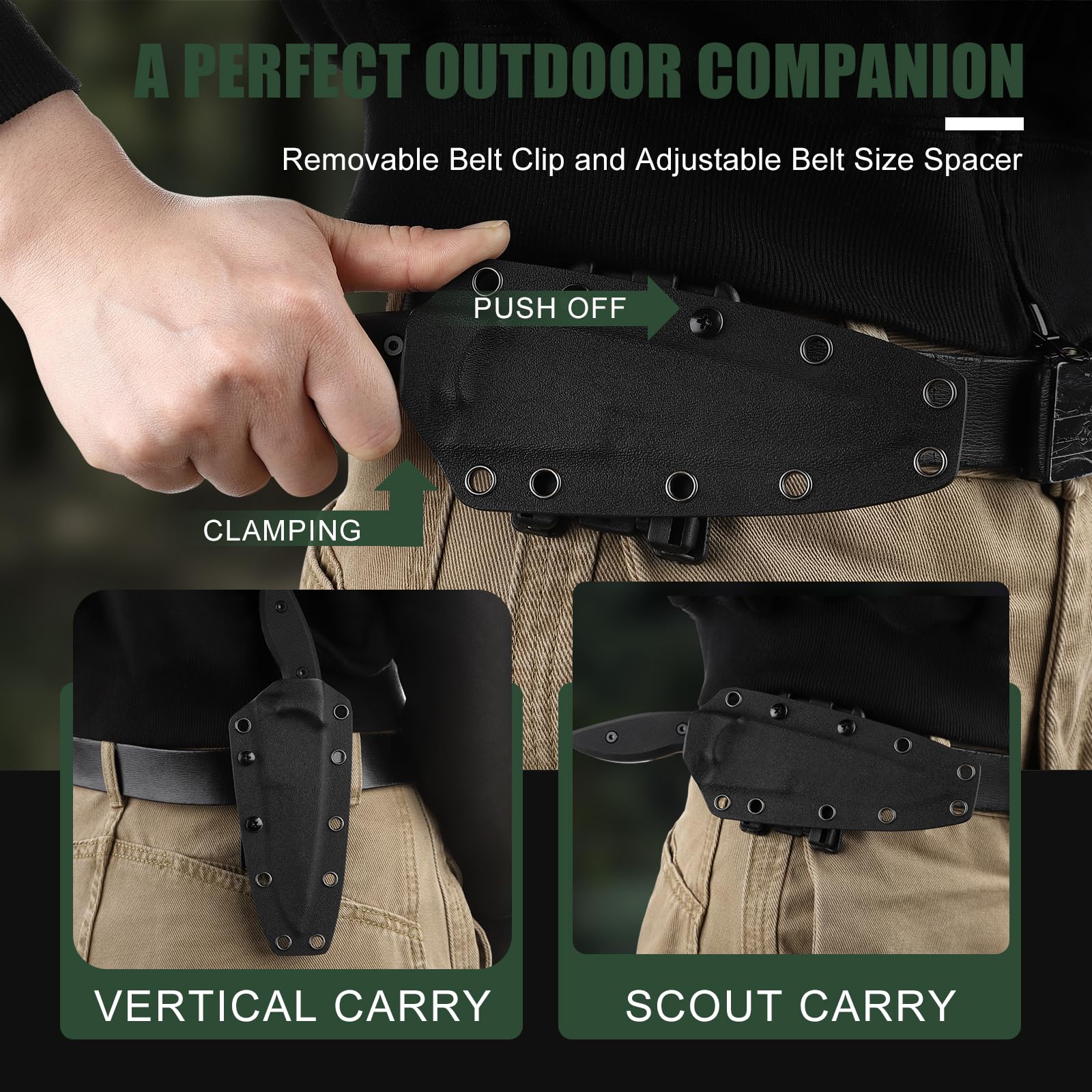Omesio Grand couteau d'extérieur Excellente qualité 5CR13MoV acier full Tang - Lame de couteau fixe 8,5 cm - Grand de ceinture avec manche ergonomique G10 - Etui Kydex et clip inclus(Noir)