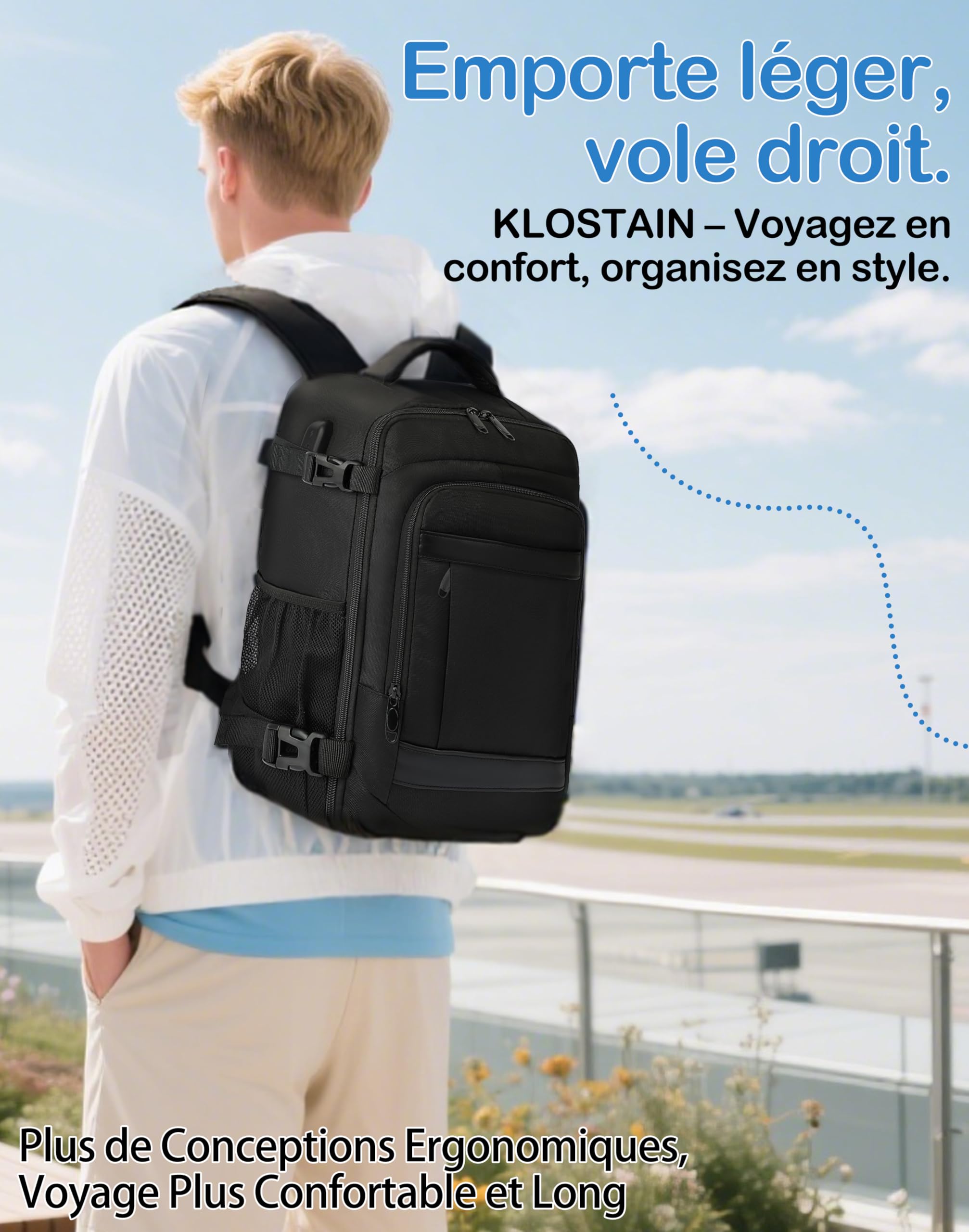 KLOSTAIN Sac à Dos Voyage Cabine Avion 45x36x20 pour Easyjet 30L Bagage Cabine Grande Bagage à Main sous Le Siège Sac à Dos Homme pour Ordinateur Portable 14 Noir