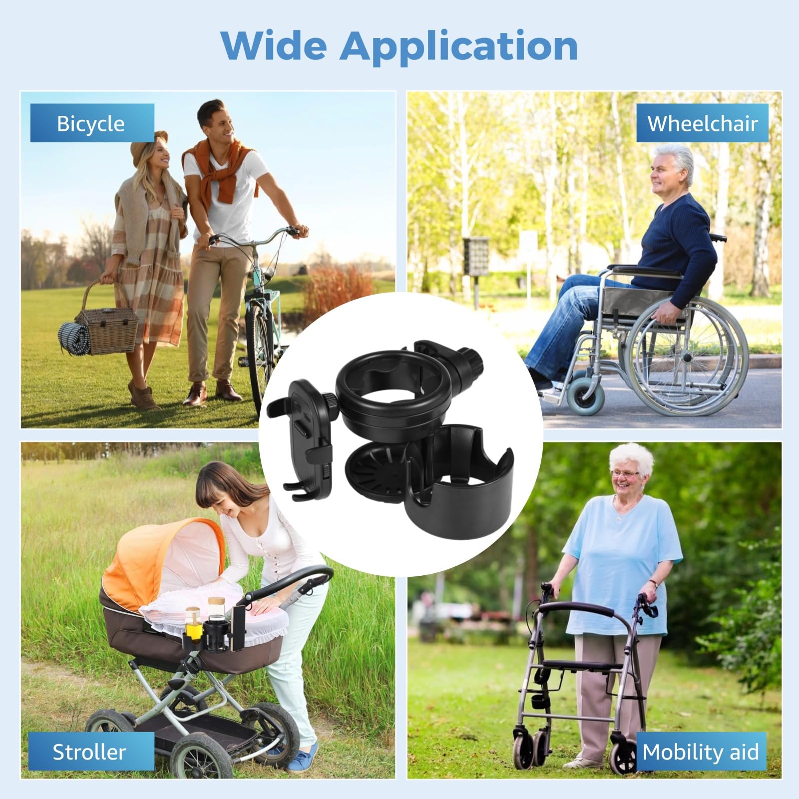 Generisch Becherhalter für Rollator und Rollstuhl, 3-in-1 mit Handyhalter, verstellbare 360-Grad-Drehhalterung, stabile Klemme, geeignet für Kinderwagen und Fahrrad