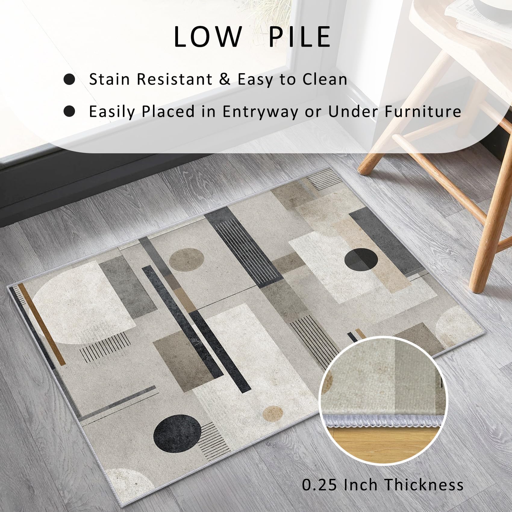 Tapis 180x280 cm Motif géométrique Abstrait Noir et Gris, Style Moderne Milieu du siècle, Grand antidérapant et Lavable pour la décoration de Chambre