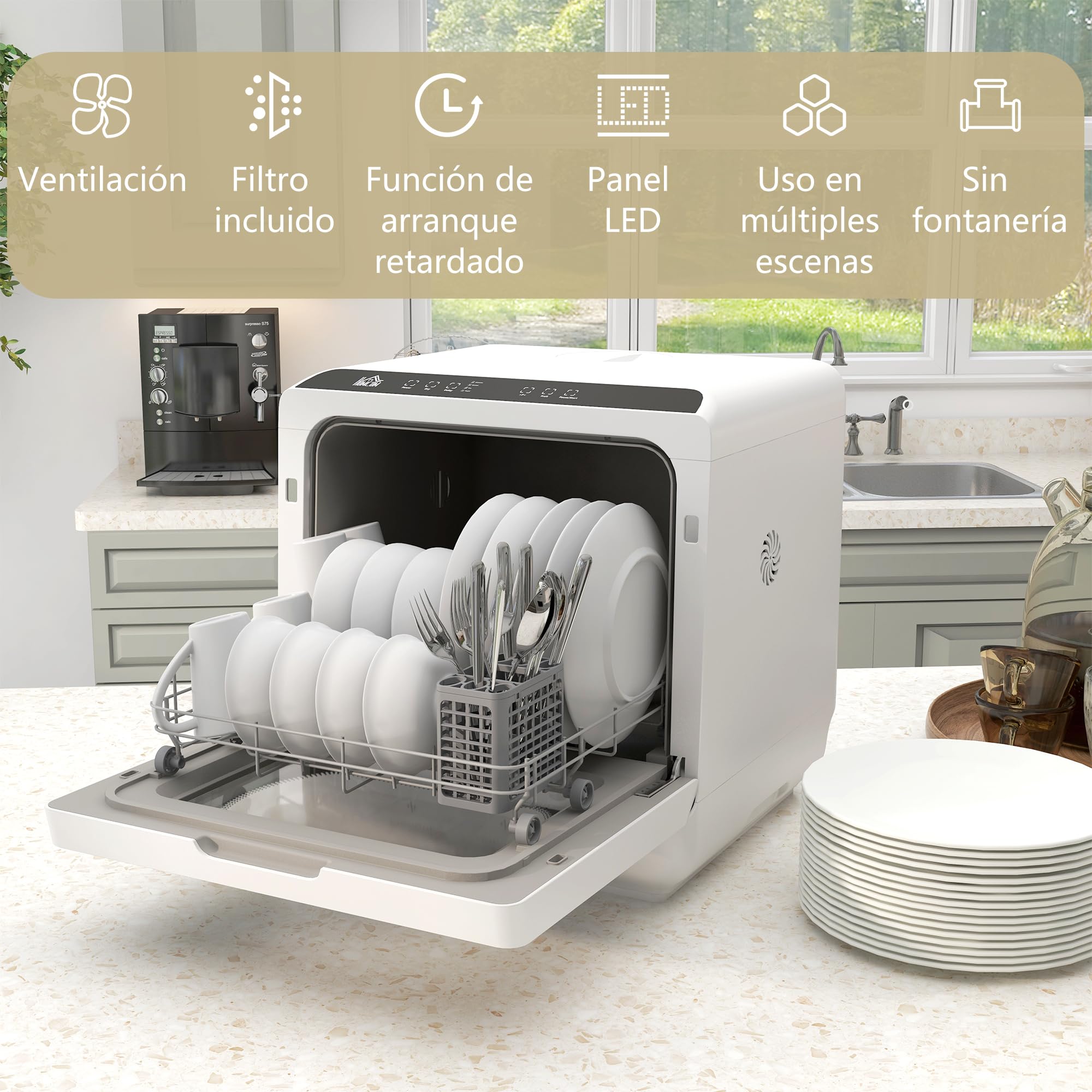 HOMCOM Lavavajillas de Encimera Pequeño con 5+1 Programas, ECO, Depósito de Agua 6L, Dos Modos de Suministro, Pantalla LED para Cocina y Apartamentos