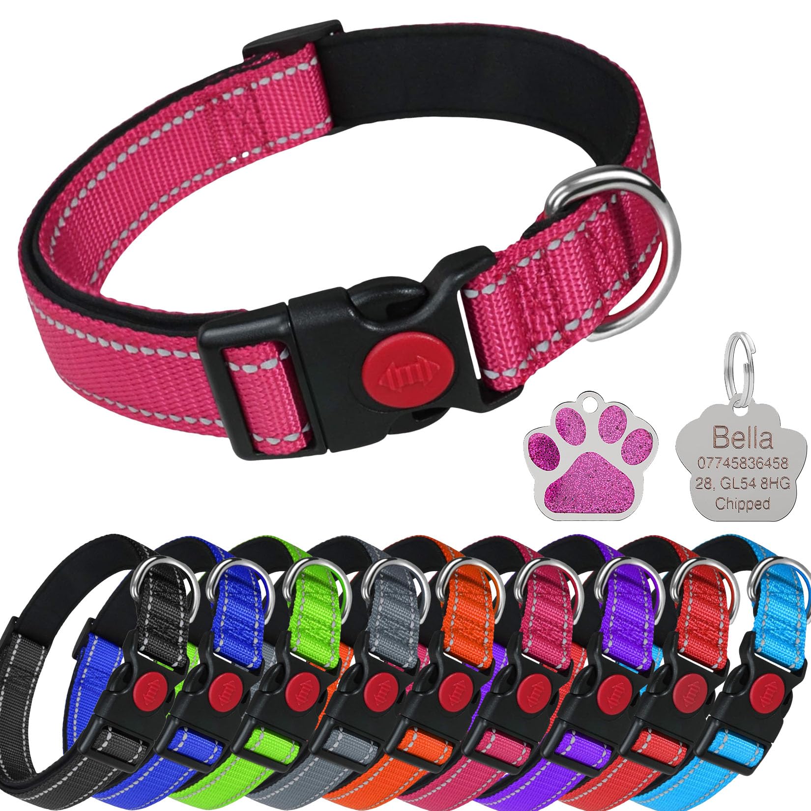 LARRYROO Reflective Dog Soft Padded Nylon Collar | Slide Lock Safety Buckle | Fully Adjustable With Personalised Engraved Glitter Paw Shaped Tag (Pink, Large (40cm - 60cm Neck))