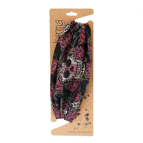 Karma Sugar Skull Headband for Women - Wide - Fabric Headband and Stretchy Hair Scarf - Black, 1 Count (Pack of 1)