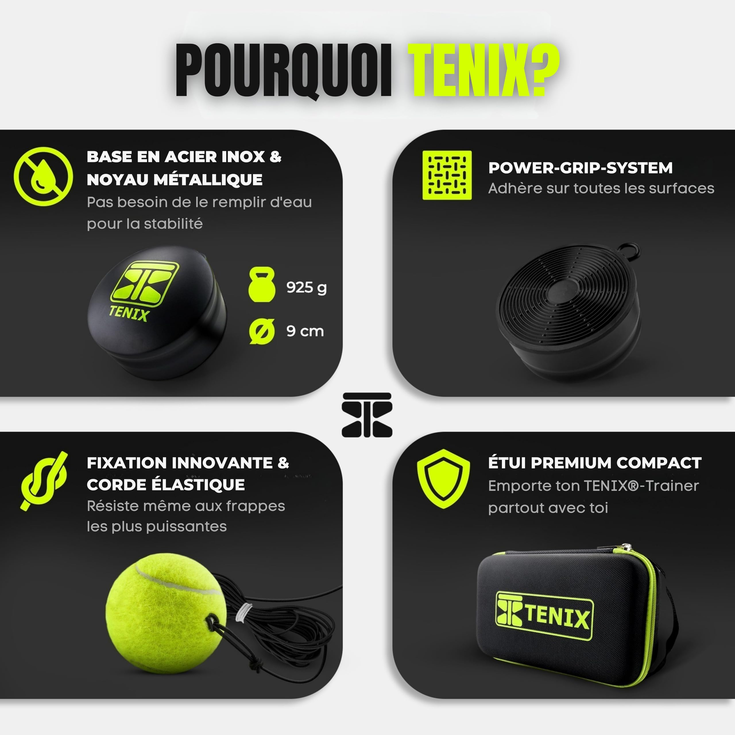 TENIX® Tennis Trainer [avec Power-Grip-System] Entrainement tennis pour enfants & adultes | Jouez dans votre jardin, au parc ou sur le court | Votre entraineur de tennis à portée de main!