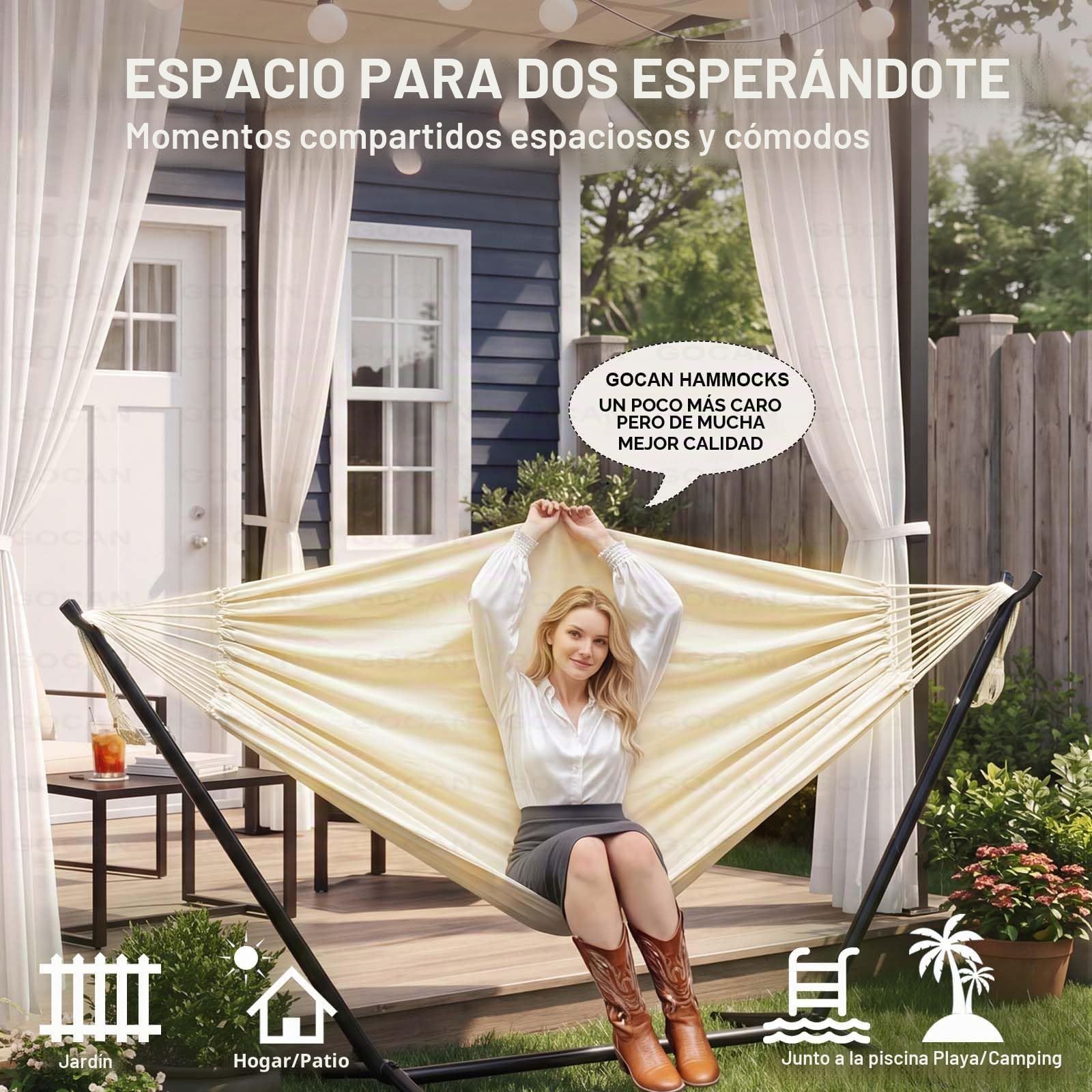 GOCAN hamacas Jardin amacas de Jardin Exterior Lona 220x150cm Longitud Total 330cm Carga 300kg Hamaca Doble amaca Colgante para Patio Porche e Interior (Beige) XXL