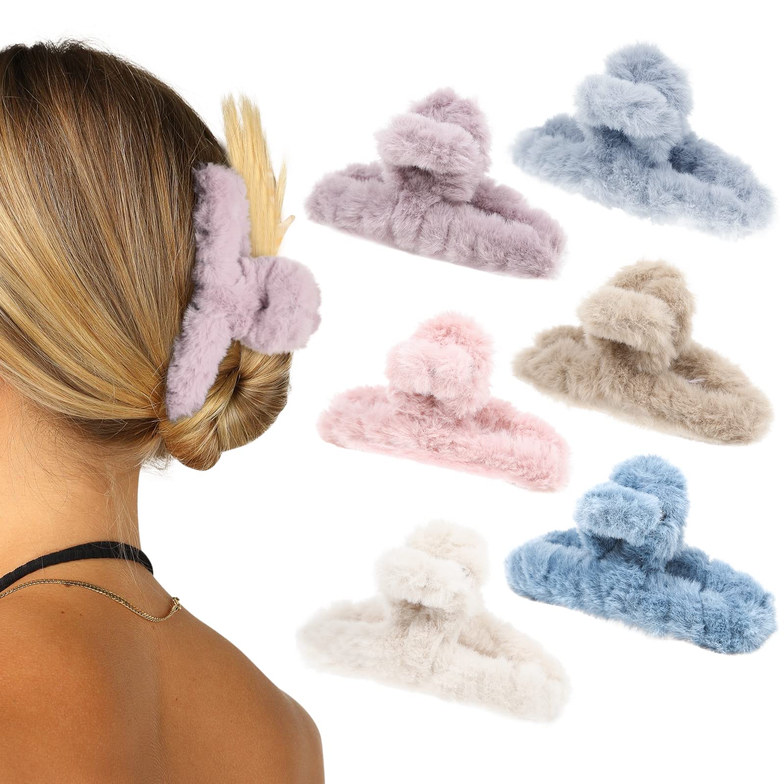 Plush Claw Clip for Thick Hair 6 Pcs Rectangular Cute Hair Clips for Women Matte Large Claw Clips for Thin Hair Claws Non Slip Flower Clip Strong Hold for Girls