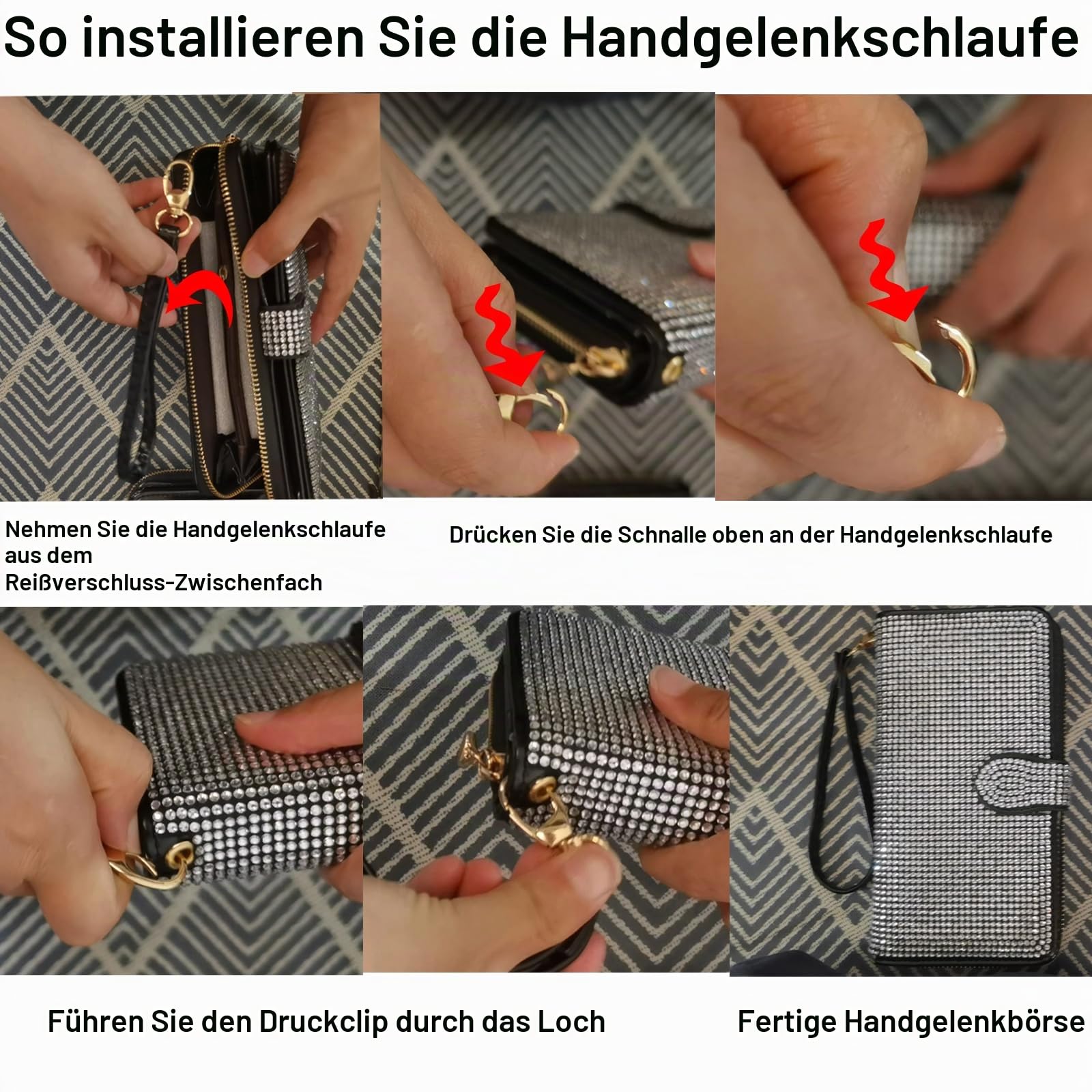 Damen-Geldbörse mit Strasssteinen und Kunstdiamanten, Clutch, Kreditkartenhalter, großes Fassungsvermögen