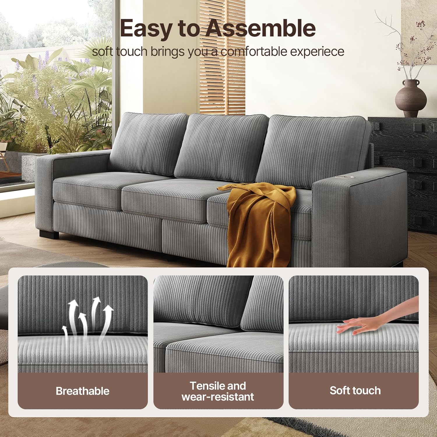 83.86” Oversize couch, modern decorative style three-seater sofa, corduroy fabric sofa, suitable for living room and office, sturdy and easy to install, Loveseat sofa furniture (Gray, 83.86 inch)