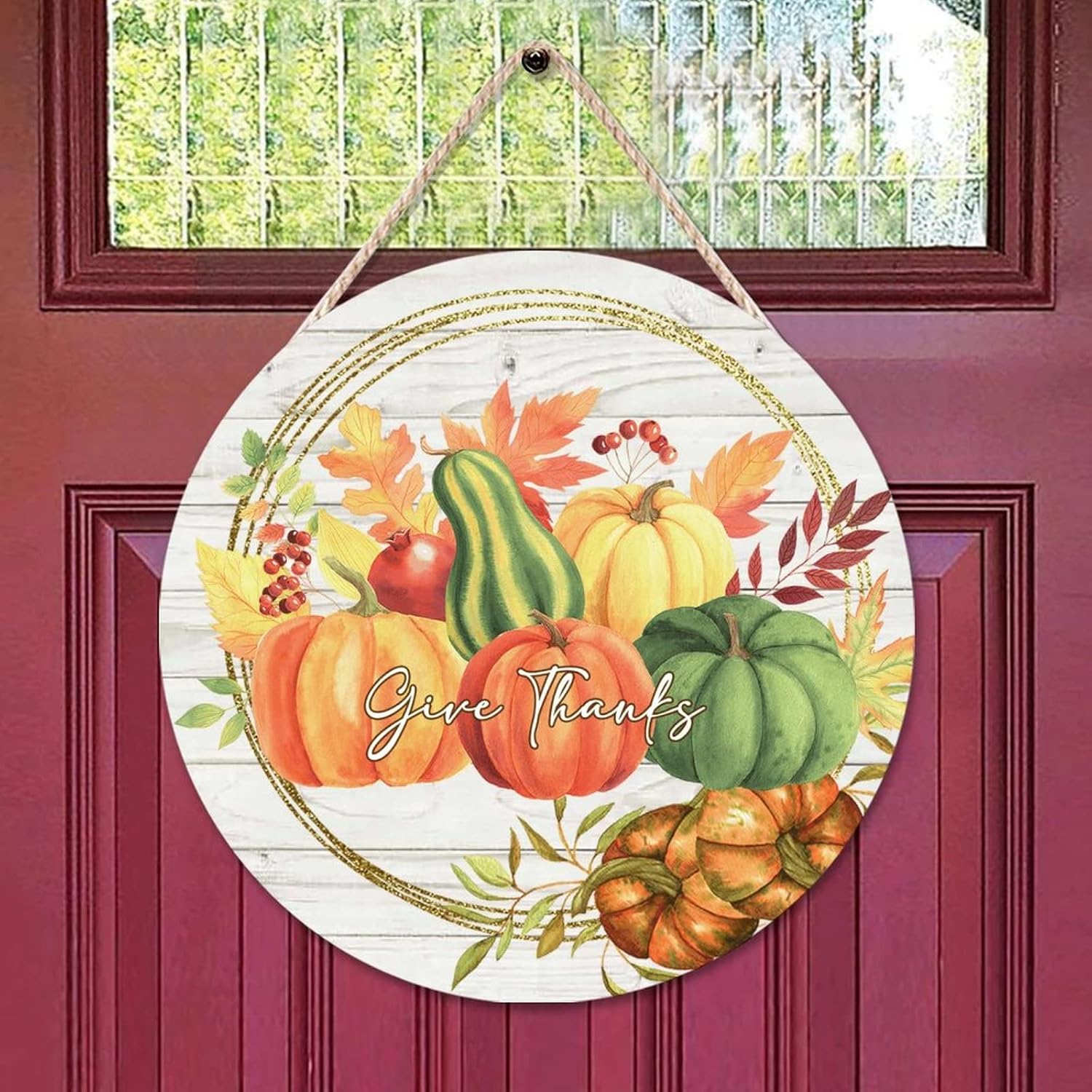 Give Thanks Welcome Wood Door Sign Pumpkin Welcome Front Door Sign 16x16in Floral Welcome Wall Door Hanging Sign for Outdoor Front Porch Farmhouse Front Door Decor Housewarming Gifts