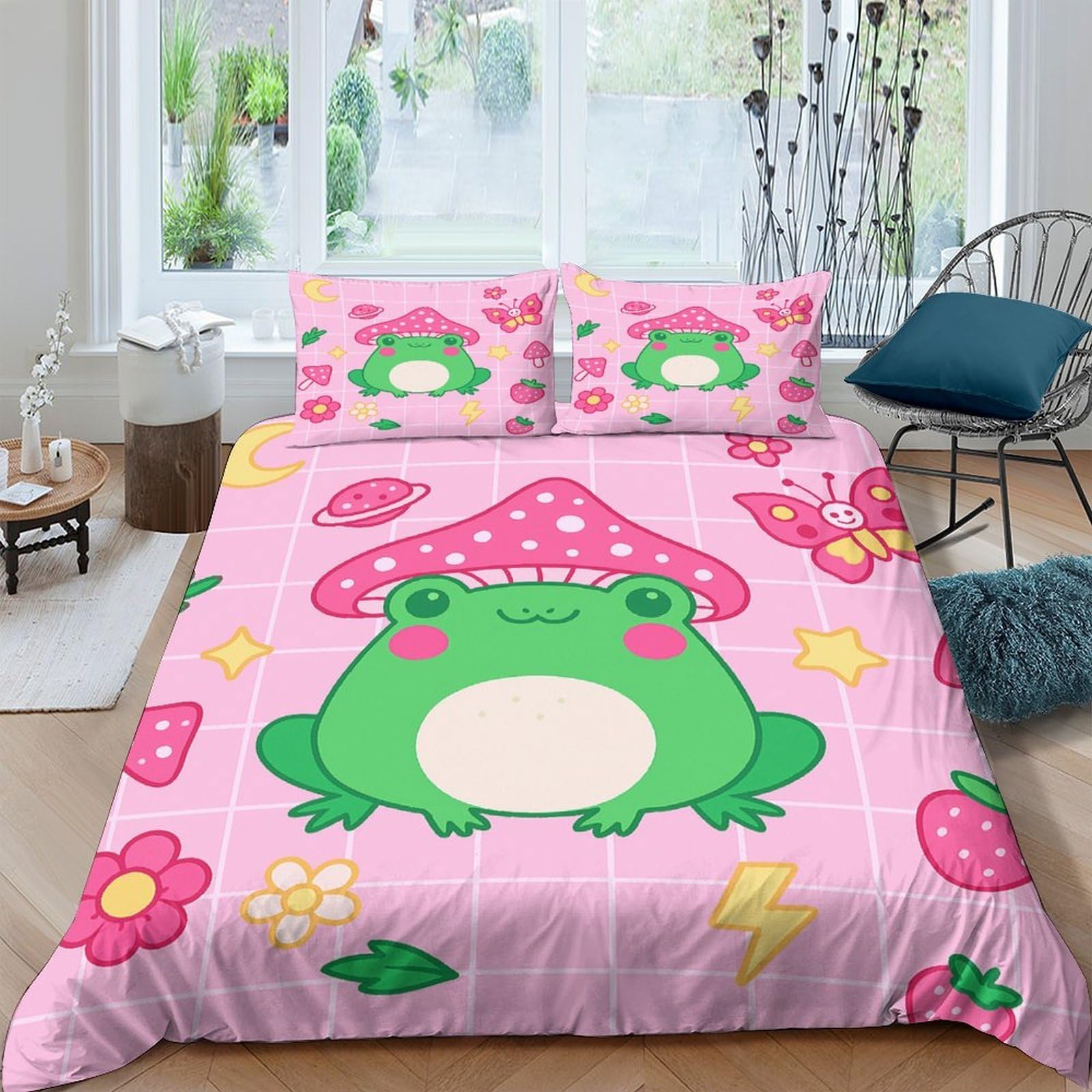 Ctjqhvkz Style-3 3D Printed Frog Mushroom Fitted Sheet Microfiber Pink Cute Floral Bed Cover For Bedroom Dorm Mattress Decor Single（135X200cm）