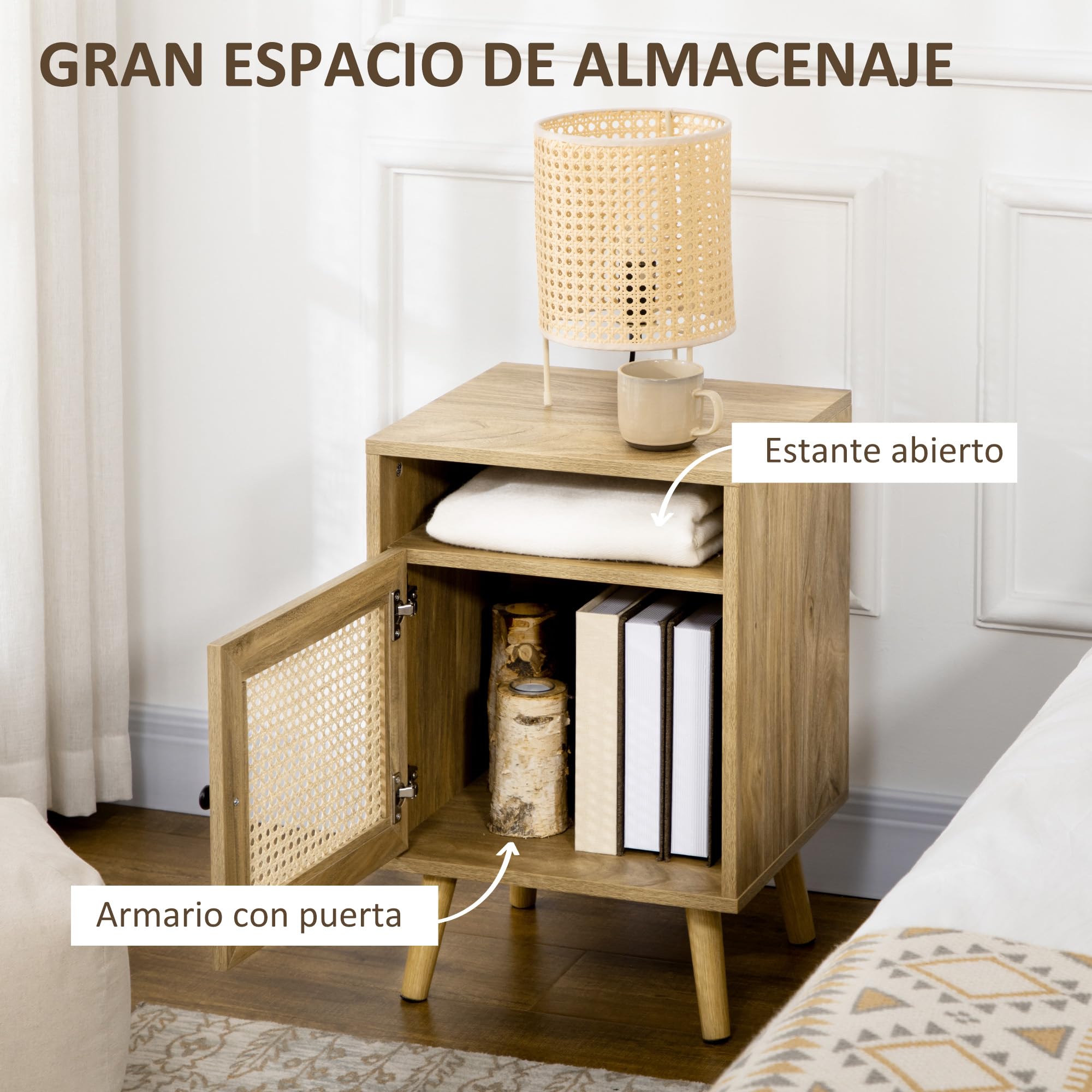 HOMCOM Juego de 2 Mesitas de Noche con Puerta de Ratán Mesillas de Noche con Estante Abierto Mesas Auxiliares para Dormitorio Salón 39x35x60 cm Natural