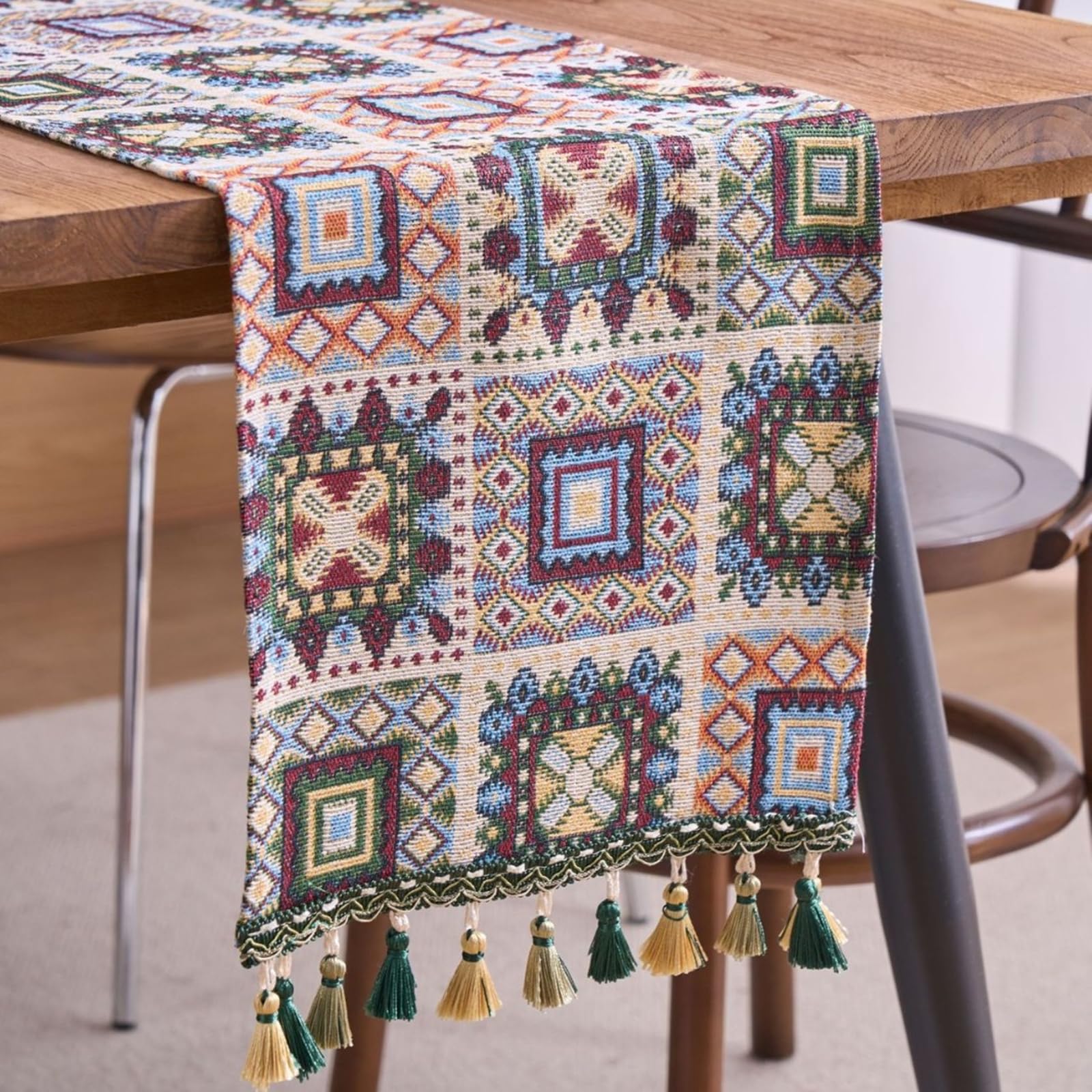 Runner da Tavolo Poliestere Cotone 33x220 cm, Runner da Tavola Moderno Lavabile Motivo Quadri Geometrico Jacquard con Nappe Decorazioni Matrimonio Tavoli per Cucina, Beige