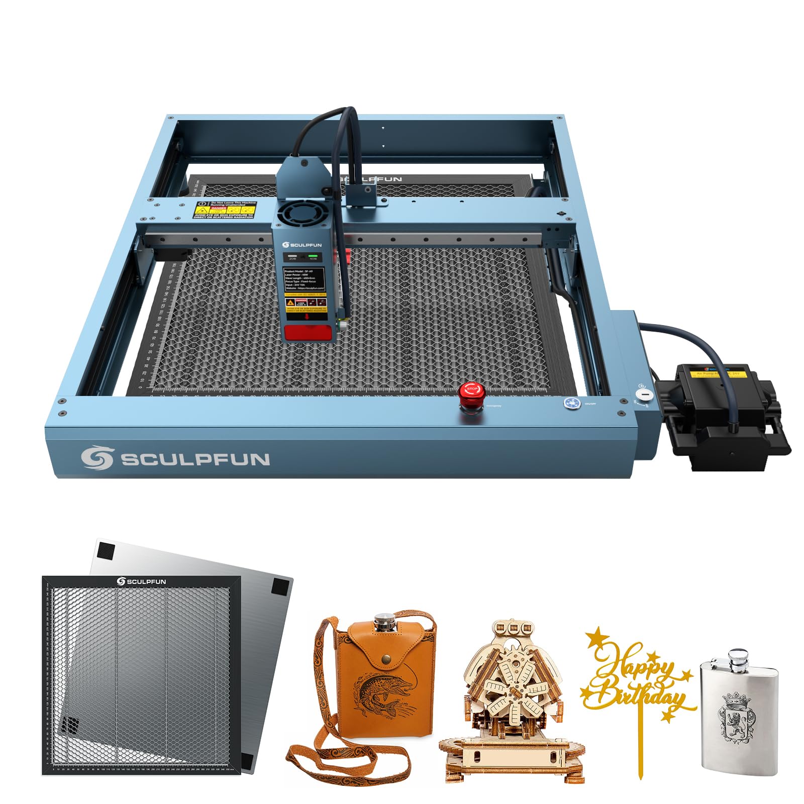 SCULPFUN SF-A9 cortadora de grabado láser 40 W con air assist, mesa de trabajo de nido de abeja, alta velocidad de 36 000 mm/min, alarma de temperatura y de llama, grabado láser para madera metal