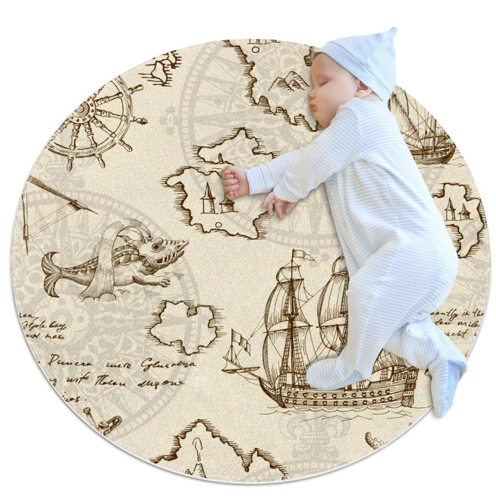 Tapis de salle de bain pour chambre d'enfant rond 1m décor voyage en mer