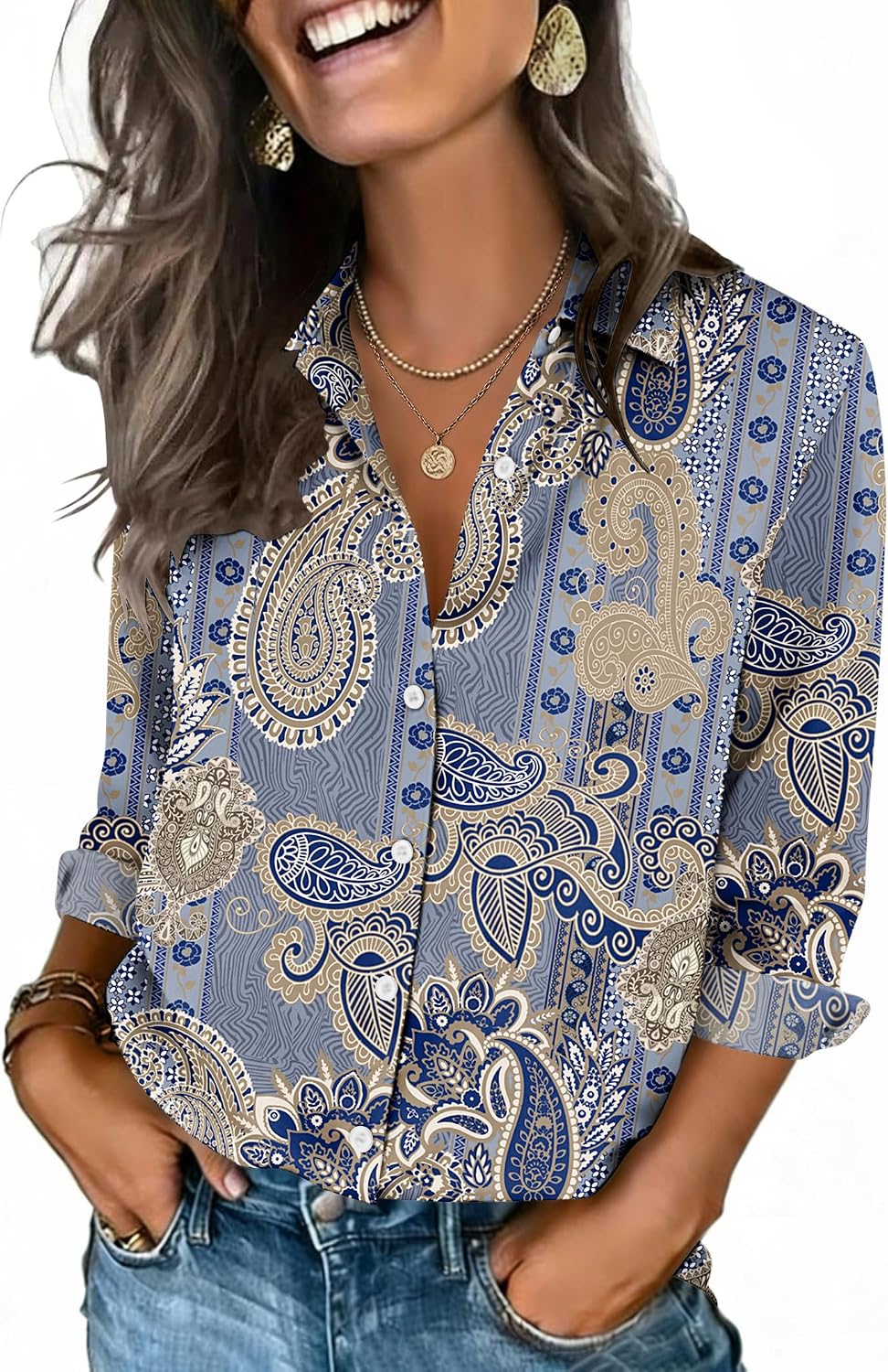 Zeagoo Button Down Shirts for Women 3/4 Sleeve Tops V Neck Collared Blouses Business Casual Outfits