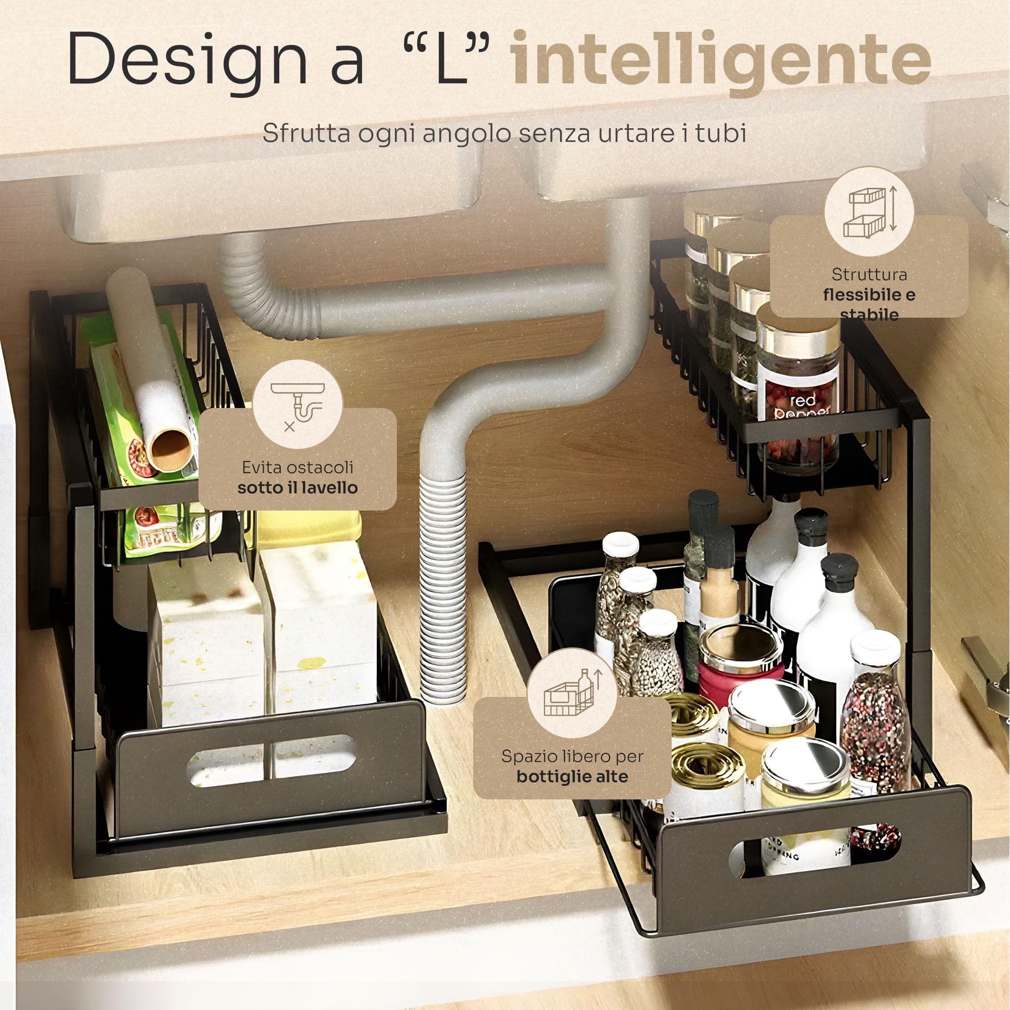 Feyra Organizzatore basso lavello a 2 livelli - Scaffale da cucina in metallo per casa e cucina, stoccaggio e organizzazione, cestini organizzativi con cassetto scorrevole, accessorio da bagno