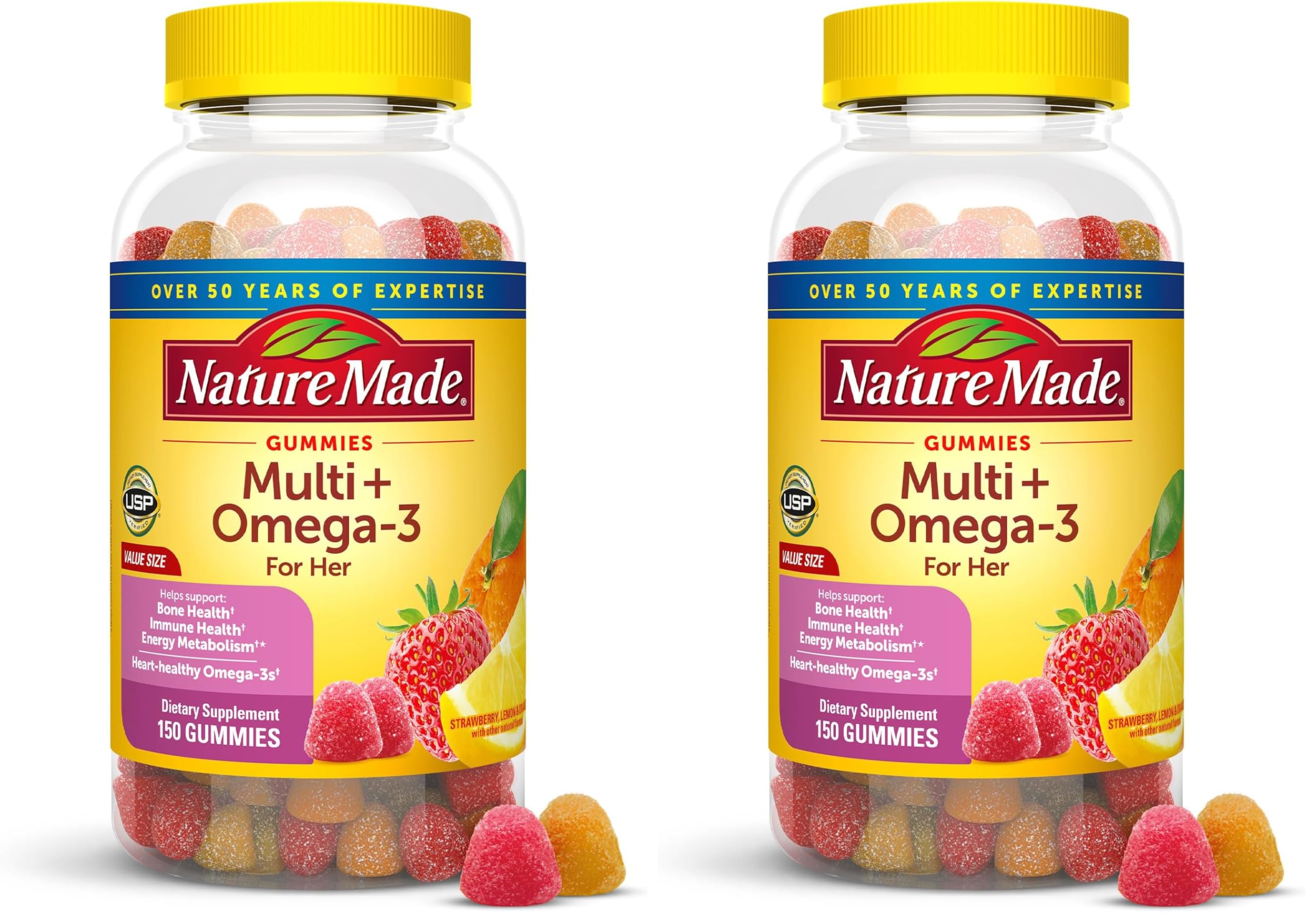 Nature Made Womens Gummy Multivitamins with Omega-3, Multivitamin for Women for Daily Nutritional Support, 150 Gummies, 75 Day Supply, (Pack of 2) Strawberry Lemon & Orange 150 Count (Pack of 2)