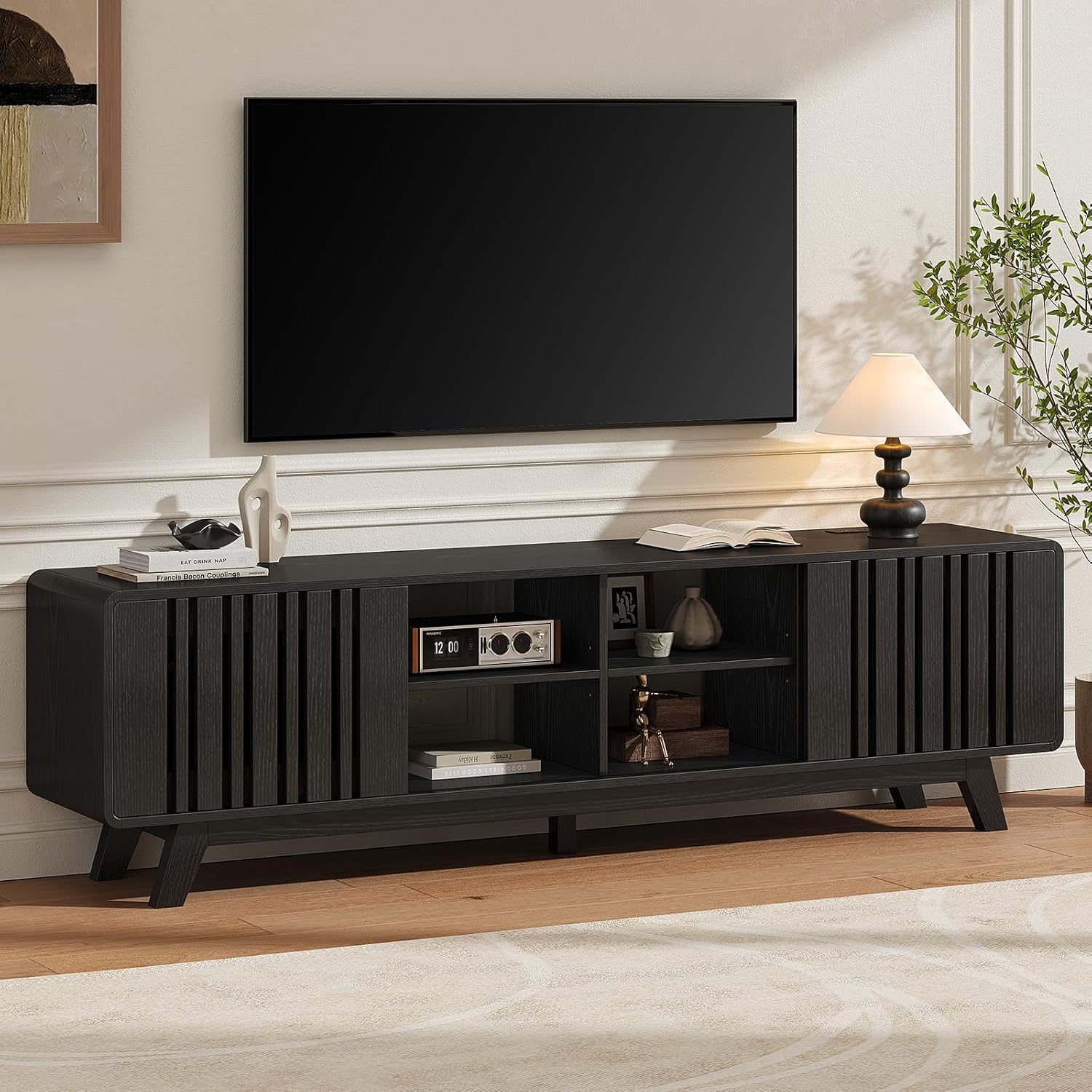 ONBRILL 70-Inch TV Stand for TVs up to 80 Inch, Mid-Century Modern Television Stand with Power Outlet， Entertainment Center with Sliding Grille Door Cabinets and Open Shelves for Living Room, Black