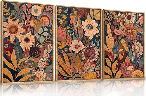 HOURIA Juego de arte de pared en lienzo enmarcado con flores naranjas grandes, estilo bohemio de mediados de siglo, decoración botánica floral