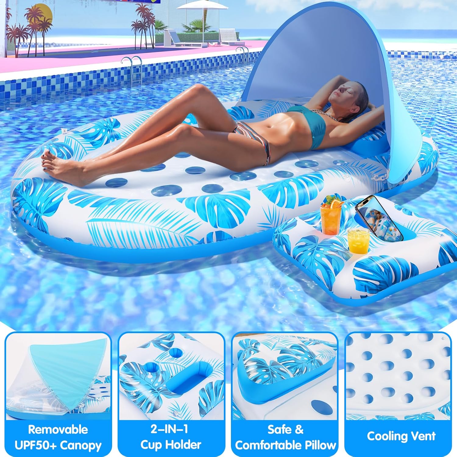 2025 New Pool Floats Adult with Canopy and Cup Holder, 3-in-1 Inflatable Pool Lounge Floaties for Swimming Pool Lake Beach Water, Raft Lounger Floating Chair for Adults Heavy Duty