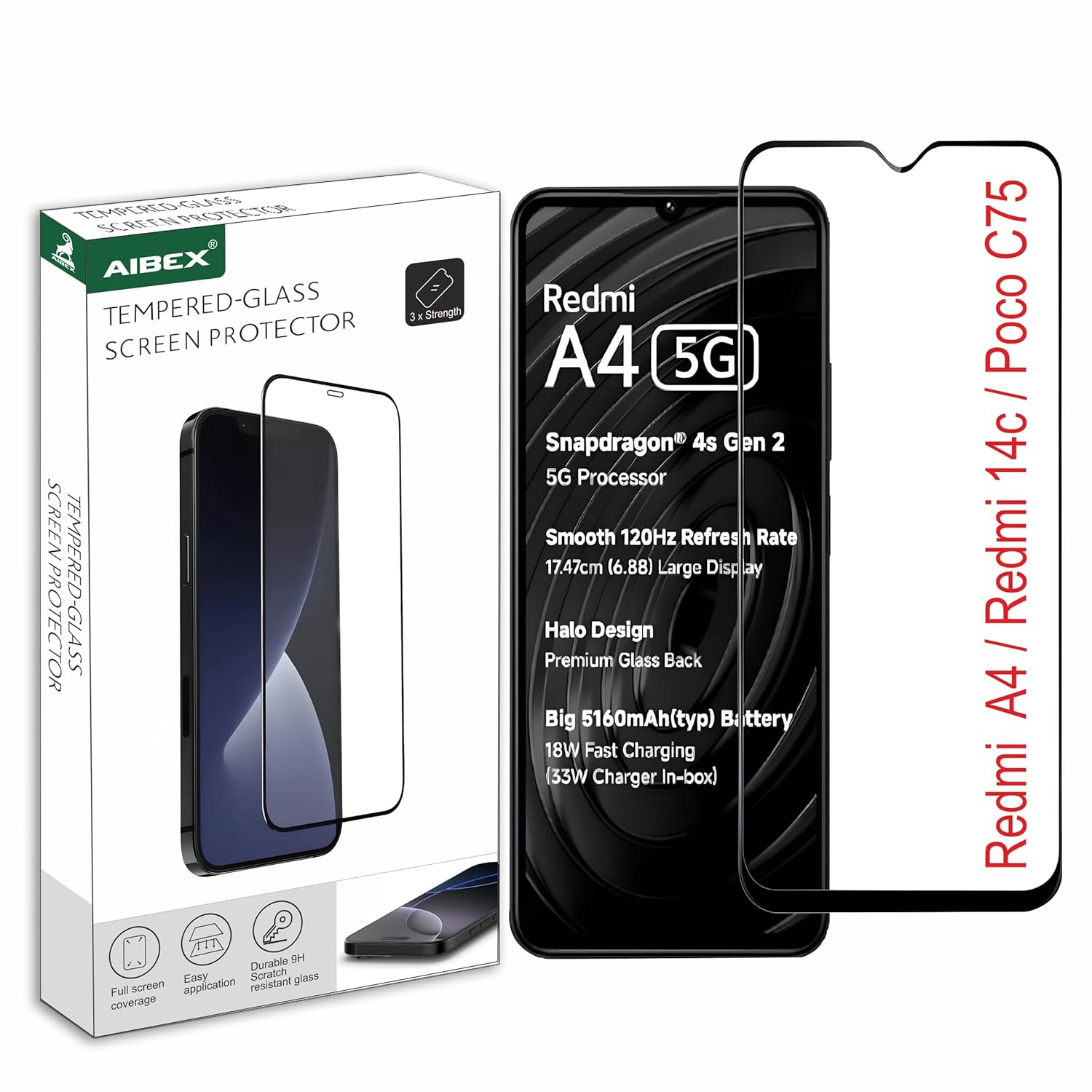 AIBEX Military Grade Tempered Glass Screen Protector for Redmi A4 / Redmi 14C / Poco C75 9H Hardness Gorilla Protection Anti Glare Anti Fingerprint Scratch Resistant Edge to Edge Full Screen Coverage AIBEX Military Grade Tempered Glass Screen Protector for Redmi A4 / Redmi 14C / Poco C75 9H Hardness Gorilla Protection Anti Glare Anti Fingerprint Scratch Resistant Edge to Edge Full Screen Coverage