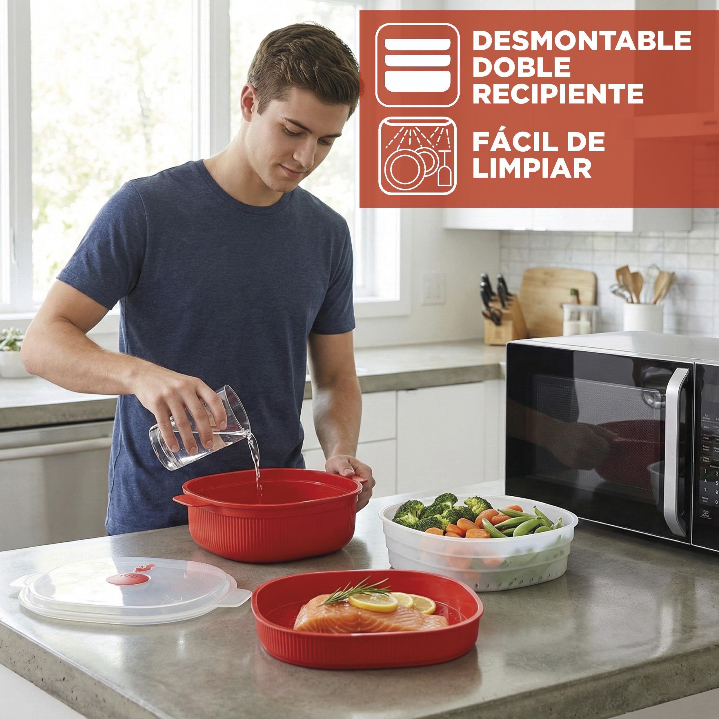 Snips - Vaporera Cocinar Vapor Microondas con Tapa, Roja 4L y 2 Cestas Extraíbles, Cocina al Vapor Rápida y Saludable, Recipiente Bote Microondas 26.5x22x13.5, Recipientes para Alimentos Made in Italy
