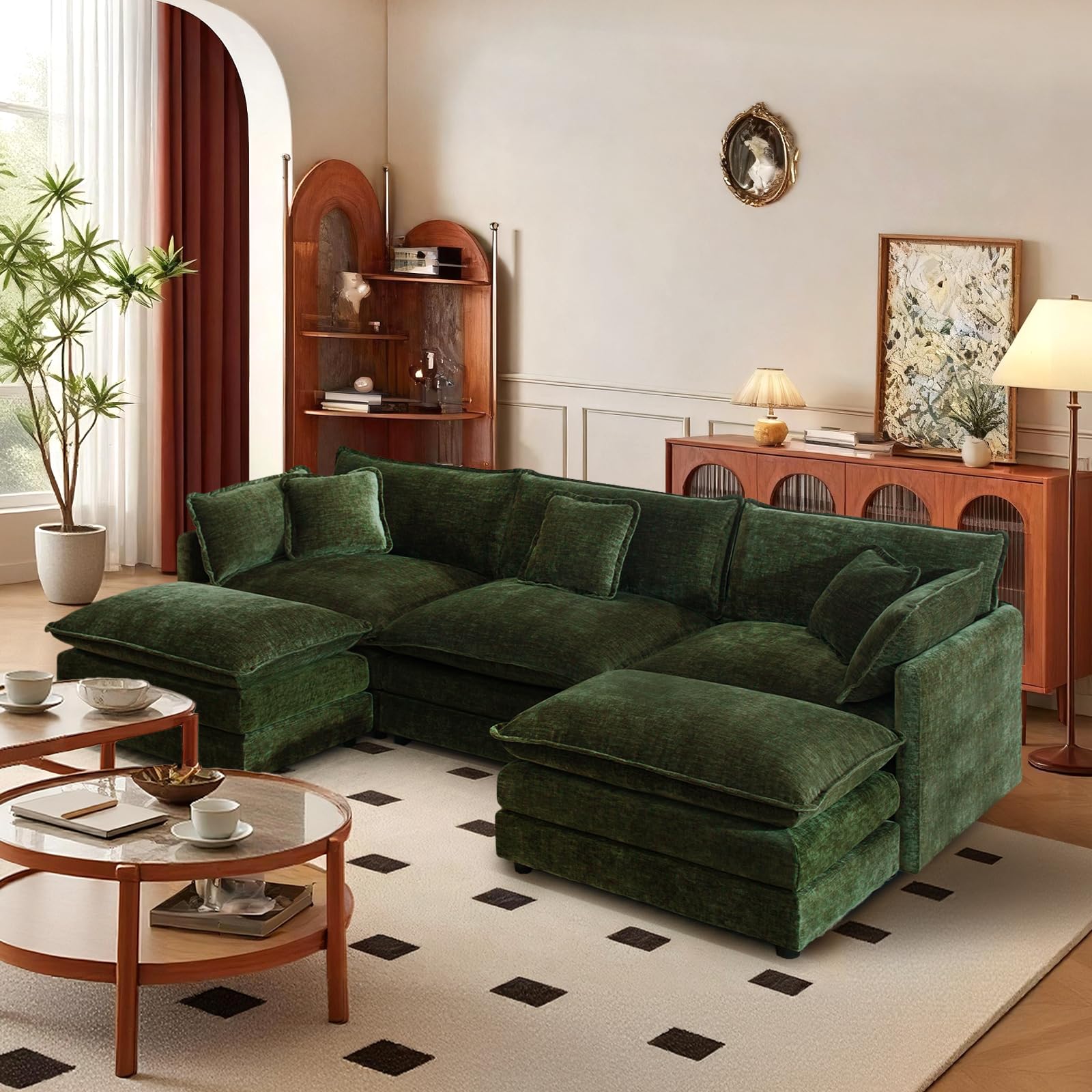 SoarFlash Chenille Sectional Sofa, Comfy L Shaped Modular Coush Sofa with Ottoman, Modern 3 Seat Couch Deep Seat Sofa Set for Living Room,Green