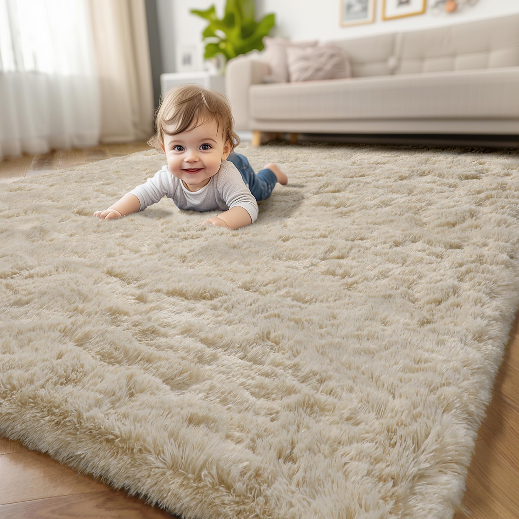 Amdrebio Beige Area Rugs for Bedroom Kids Room, Fluffy Plush Shaggy Furry Fuzzy Rug 4x6 for Living Room Decor Aesthetic, Soft Cute Shag Neutral Tan Carpet for Teens Baby Nursery Playroom Preppy Dorm