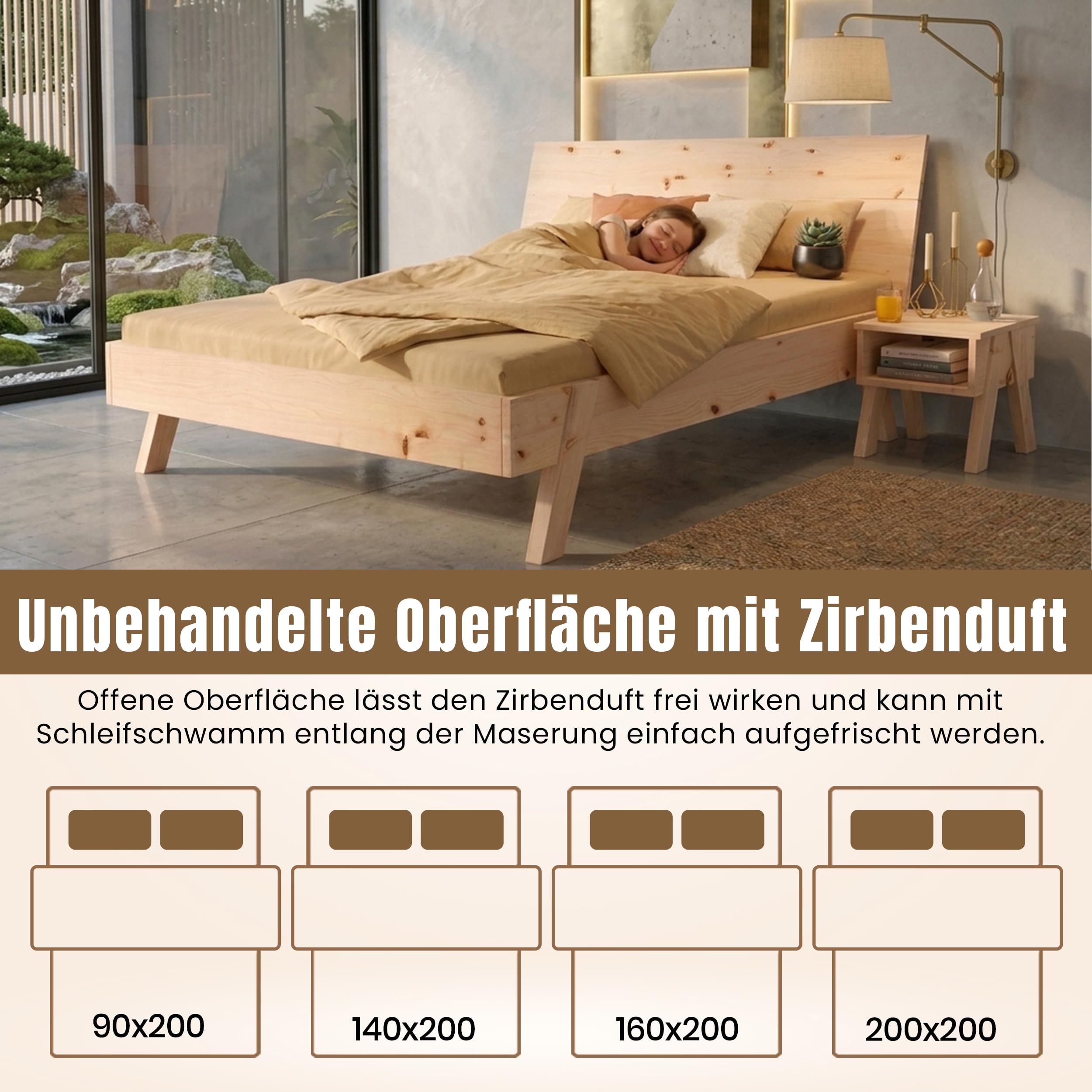 Geborgenschlafen Massivholzbett 90×200 cm aus Zirbe Natur | Unbehandelt LOVA Holzbett mit Komforthöhe 40 cm & Einlegetiefe 17 cm – Stabil und langlebig Massivholz-Bett