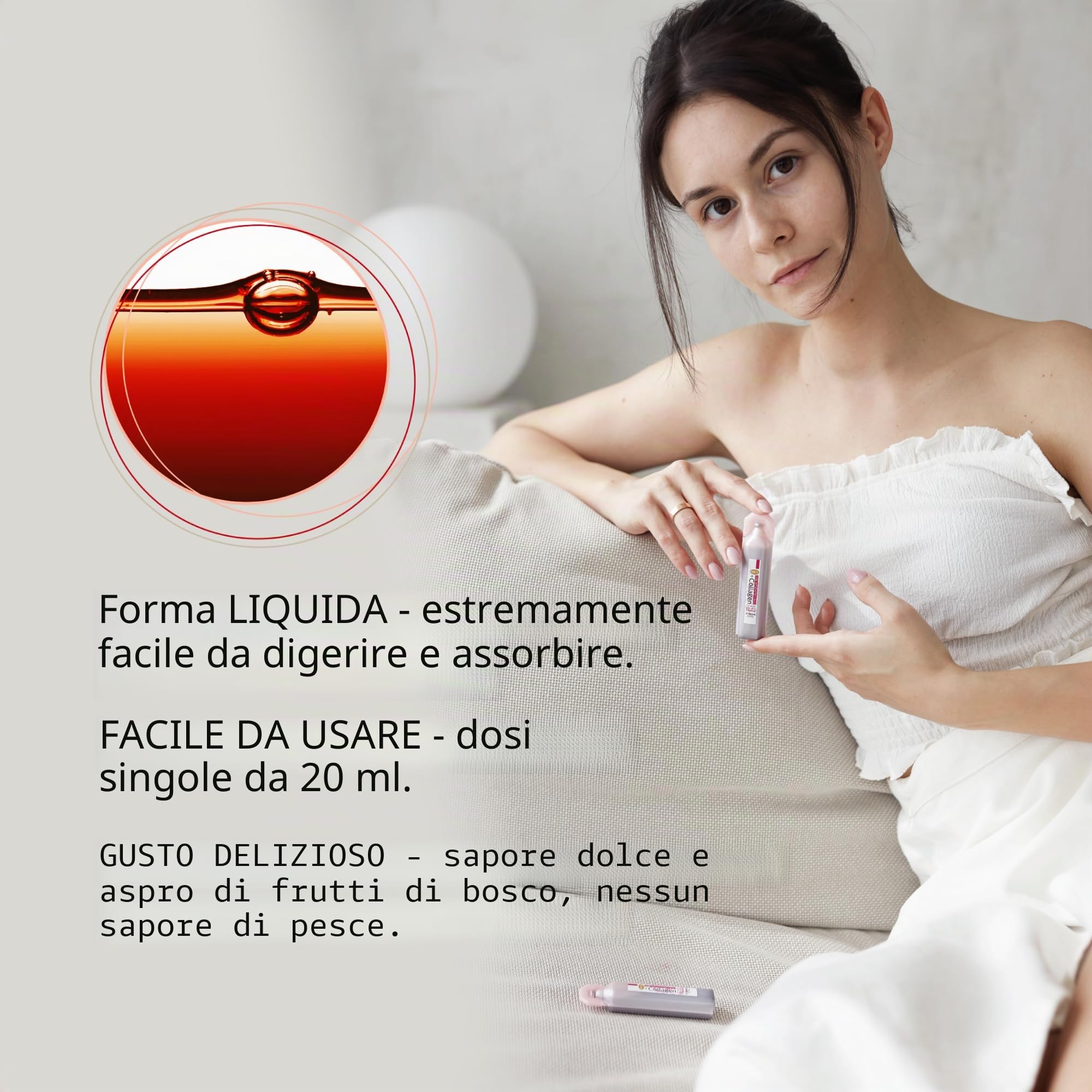 Collagene marino liquido 7750 mg – Integratore alimentare con peptidi di collagene idrolizzati, vitamina C, acido ialuronico, CoQ10 e OM-X®, 10 flaconcini da 20 ml