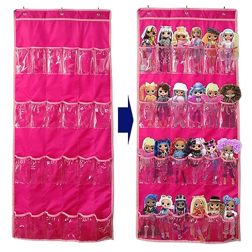 Organizador de almacenamiento de juguetes para colgar sobre la puerta (24 bolsillos), compatible con muñecas sorpresa LOL OMG (juguetes no