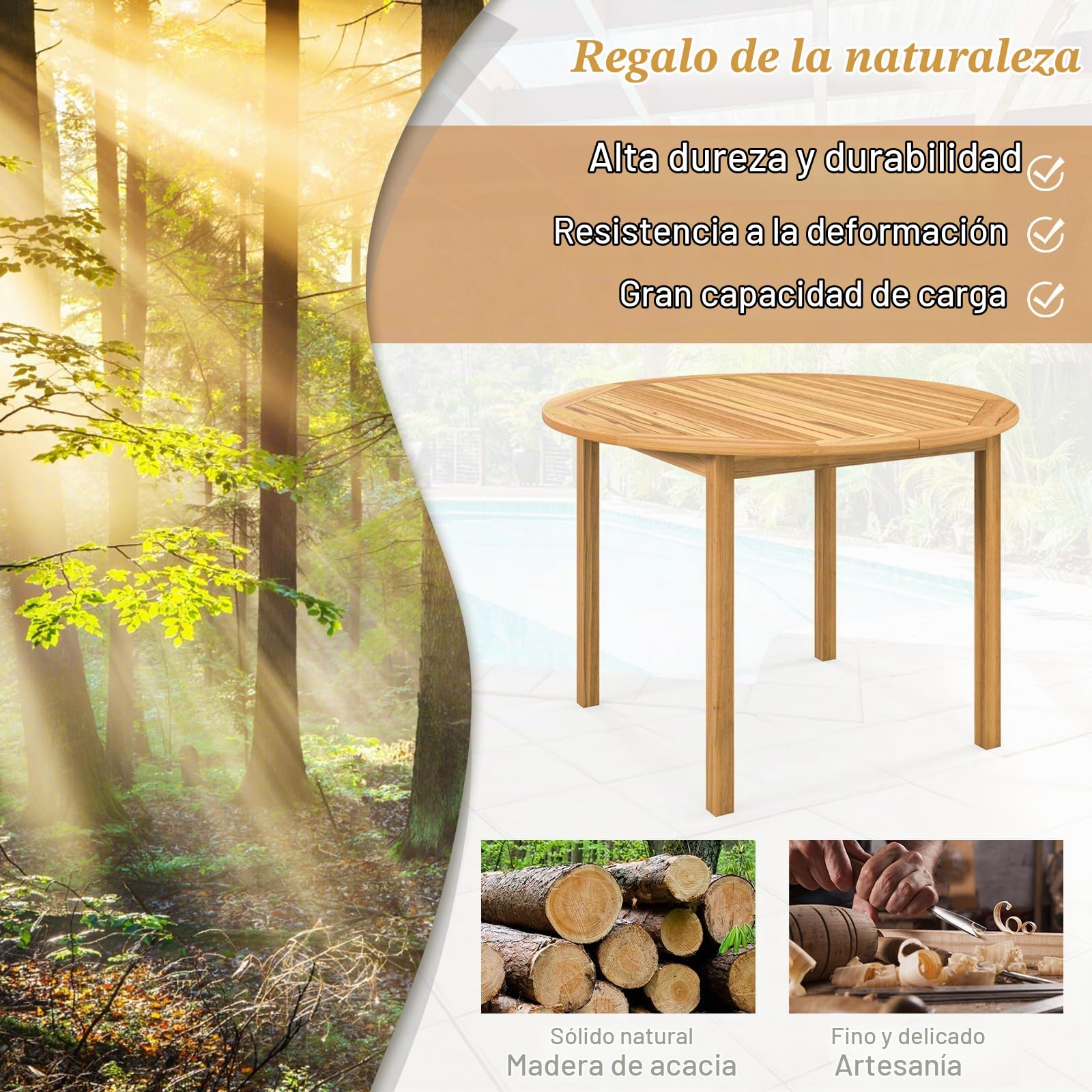 GOPLUS Mesa de Comedor de Madera de Acacia con Tablero de Listones | Mesa Redonda Clásica para 4 Personas, Ideal para Interiores y Exteriores, 100x100x75 cm