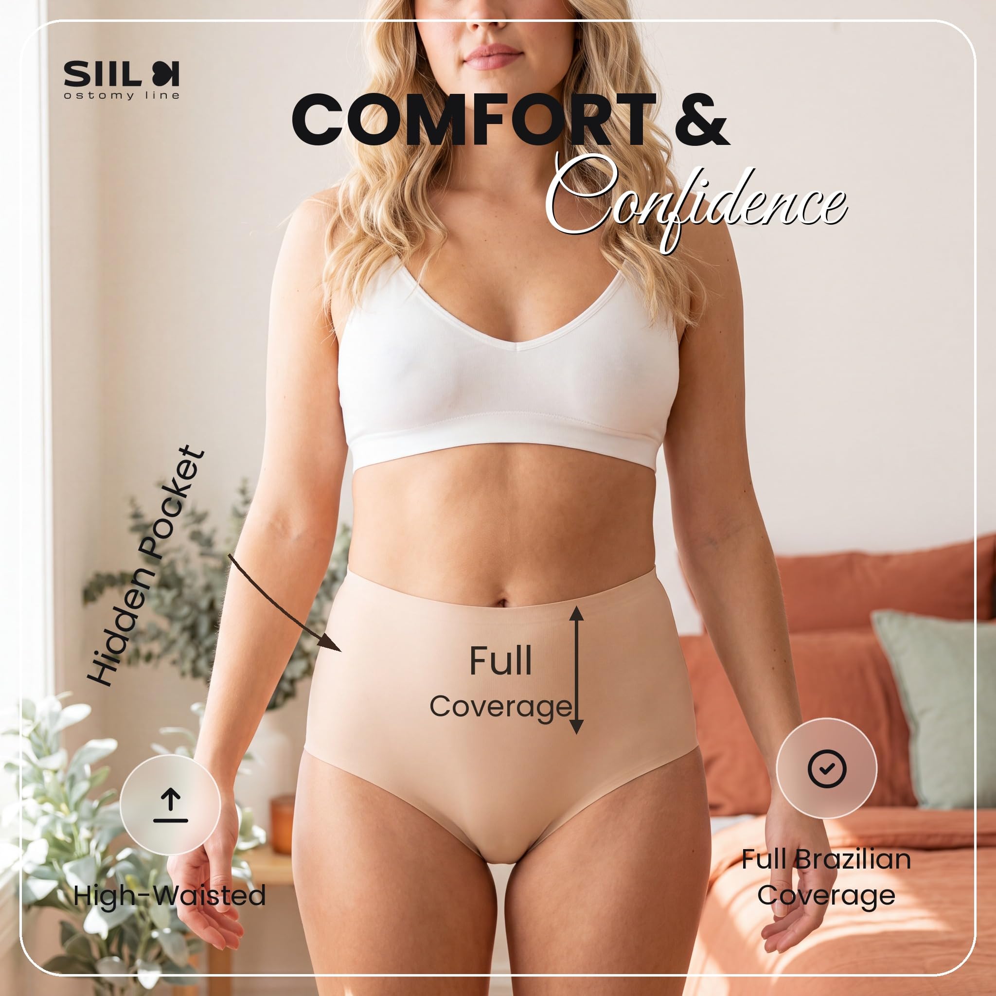 SIIL Bielizna stomijna dla kobiet, beżowa, na stomię, torby stomijne, XS-XXL, wyprodukowano w Europie