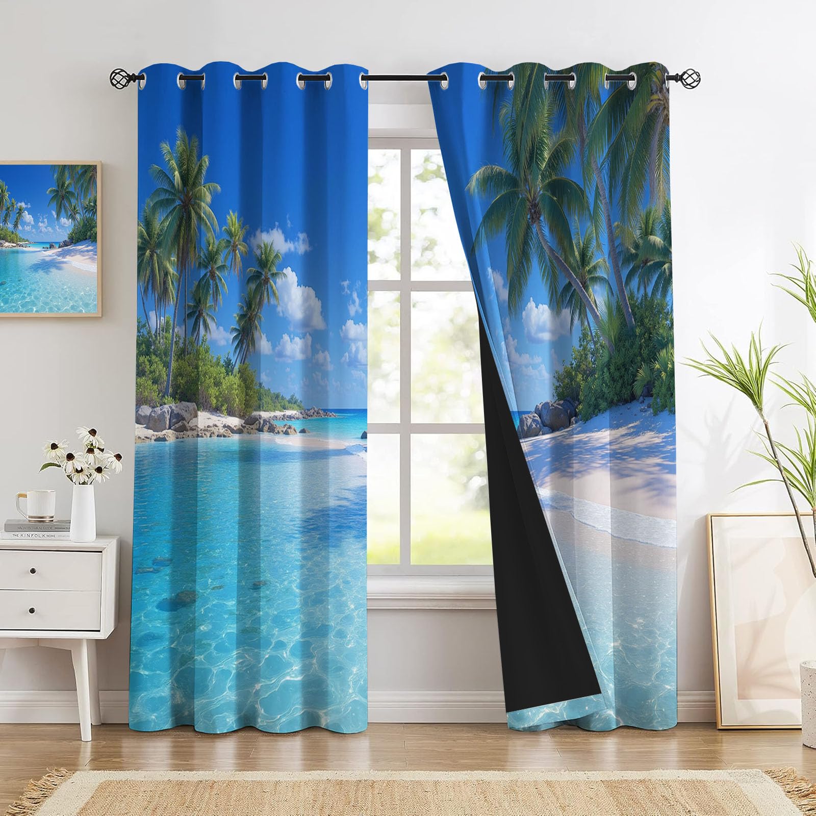 Cortinas Opacas Salon Tropical Playa,Cortina Palmeras Islas para Dormitorio Decoracion Habitacion,Cortinas Termicas Blackout 140×160cm 2 Paneles,Mar Azul