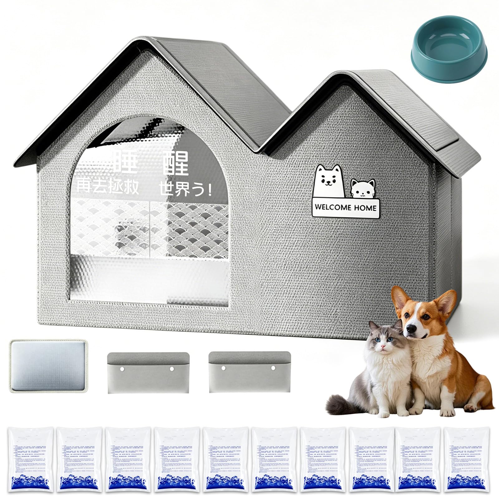 Cat Cooling House with 10 Reusable Ice Packs, Foldable Weatherproof Pet Cooling Tent,Double Insulated Air Conditioned Pet House for Dog & Cat Sleeping Summer (Gray,28.3 * 15.7 * 18.9in)
