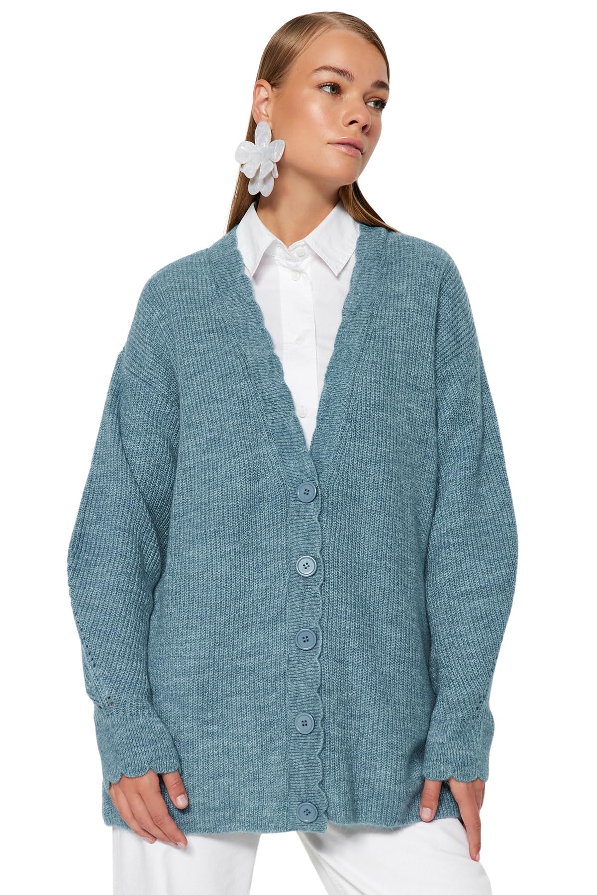 Trendyol Modest Damen Blau Er Strickcardigan Mit V-Ausschnitt Für - Klein