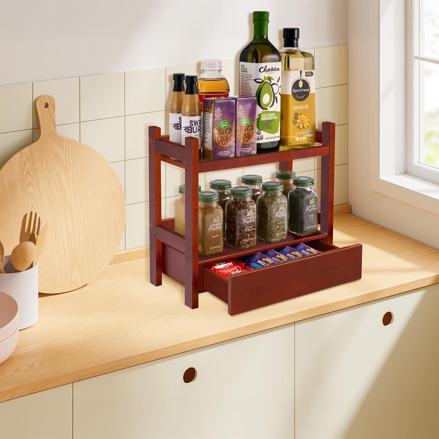 Sorbus Bamboo Bathroom Counter Organizer – 2-Tier Shelf with Hidden Drawer for Vanity, Matcha Station, Bathroom Sink Organizer Countertop, Kitchen & Office Storage (13″ L x 6.5″ W x 12.6″ H) (Brown)