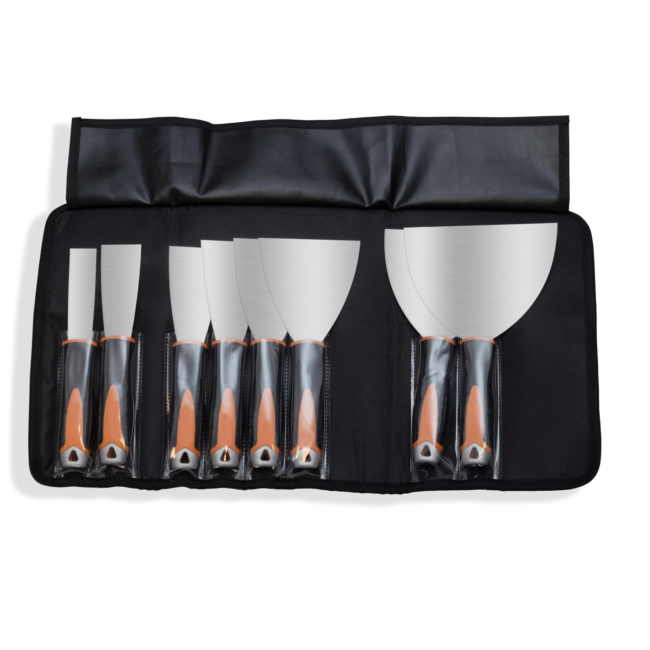 Set de 8 outils à enduire professionnels en acier Inox avec trousse de rangement – Kit parfait pour plaquiste, peintre, enduit, plâtre, lissage et rebouchage – Poignée bi-Matière ergonomique
