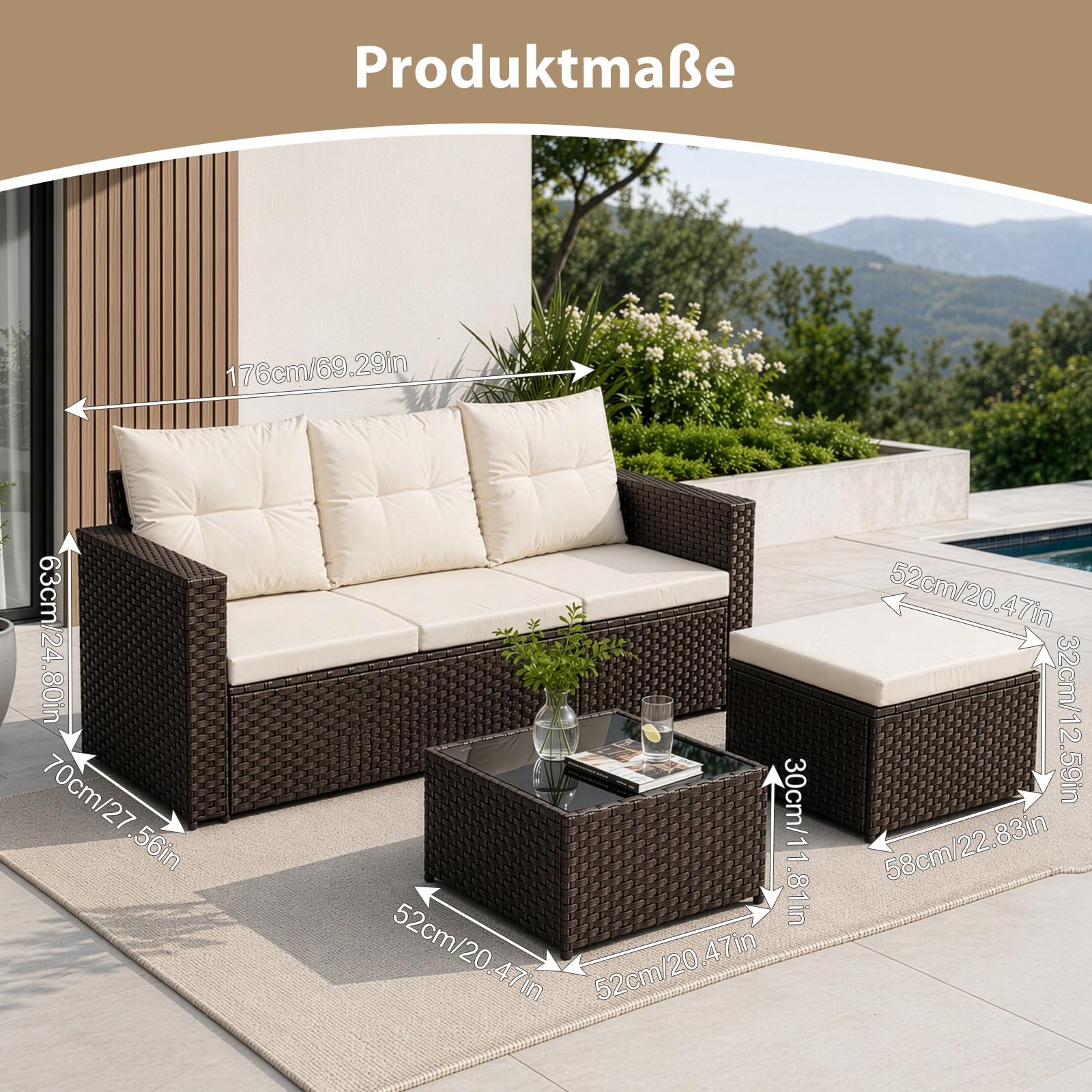 Polyrattan Gartenmöbel-Set Lounge für 3–4 Personen – Ecksofa Sitzgruppe mit Tisch & Hocker, wetterfeste Gartenmöbel-Sets für Balkon, Terrasse & Garten (Braun)