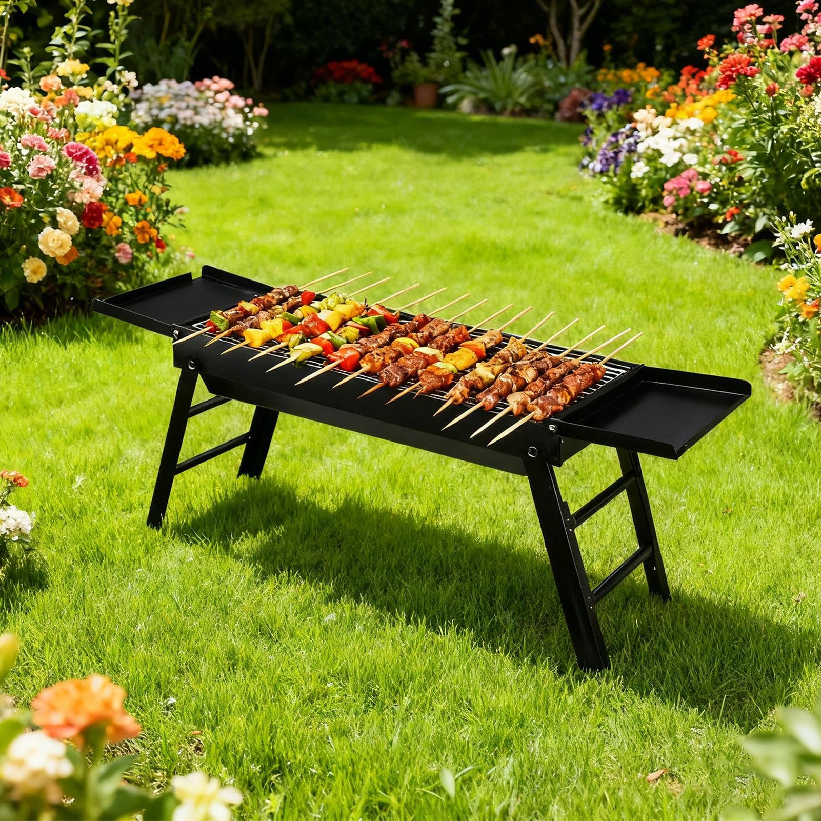 Griglia Per Barbecue Fornello Da Picnic Pieghevole | Griglia da Campeggio a Carbone con Vassoi Laterali Per Giardino AllAperto Appartamento Balcone Spiaggia Cucina Picnic