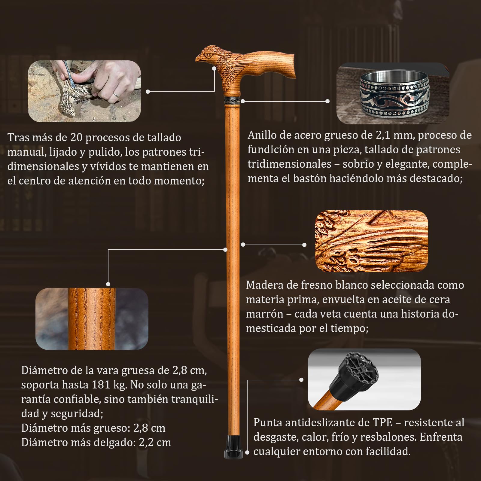 Bastón tallado a mano de madera tallado en águila, ergonómico, elegante, bastón de madera para hombre y mujer, capacidad de carga de hasta 181 kg, bastones estables para personas mayores para
