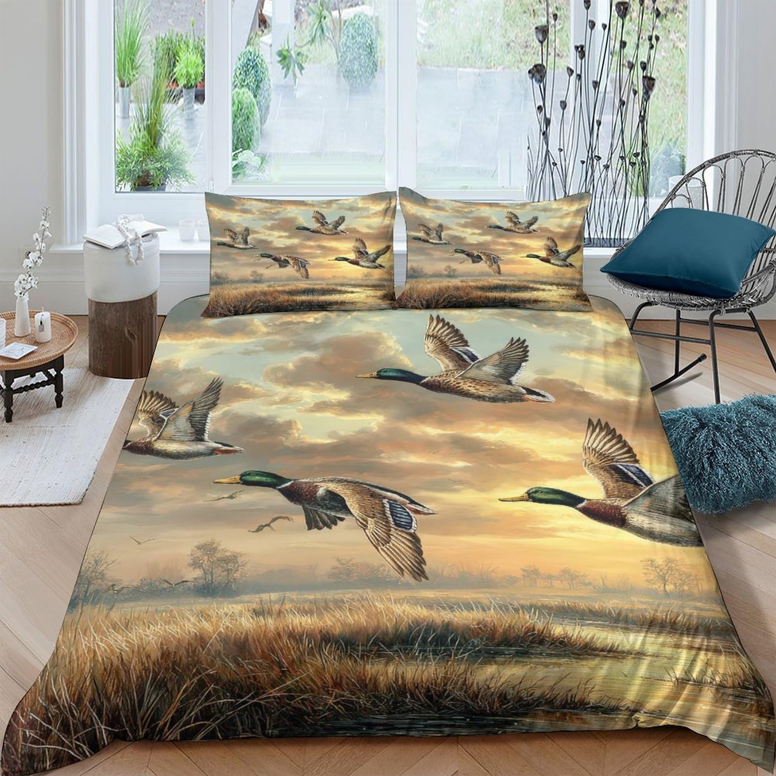Ctjqhvkz Style-10 3D Printed Flying Mallard Ducks Fitted Sheet Microfiber Soft Anti-Slip Sunset Meadow Bed Cover For Bedroom Decor Single（135X200cm）