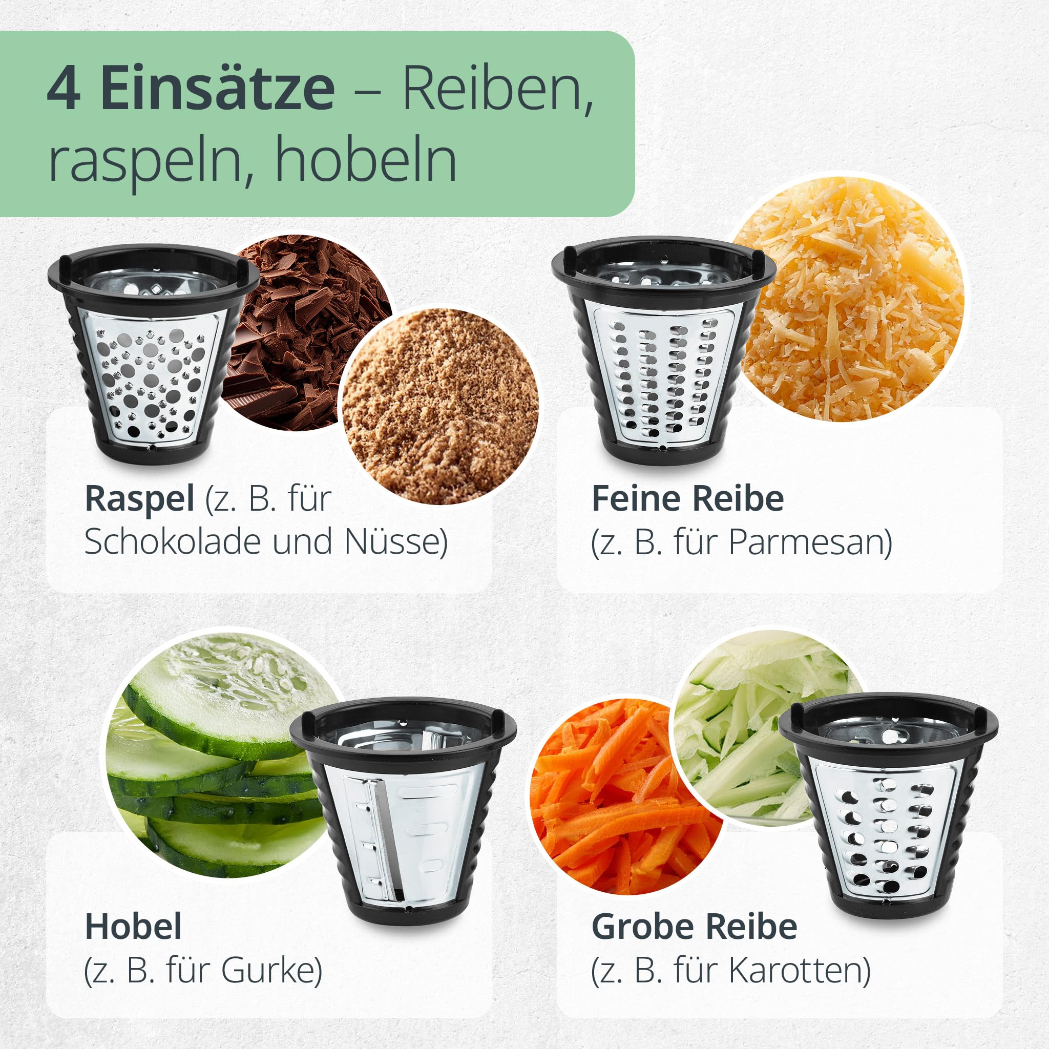 ADE Elektrische Küchenreibe | Gemüsehobel | Reibe für Obst und Gemüse | Karotten, Gurke, Nüsse | 4 extrascharfe Schneidetrommeln | Käsereibe 200 bis 500 W