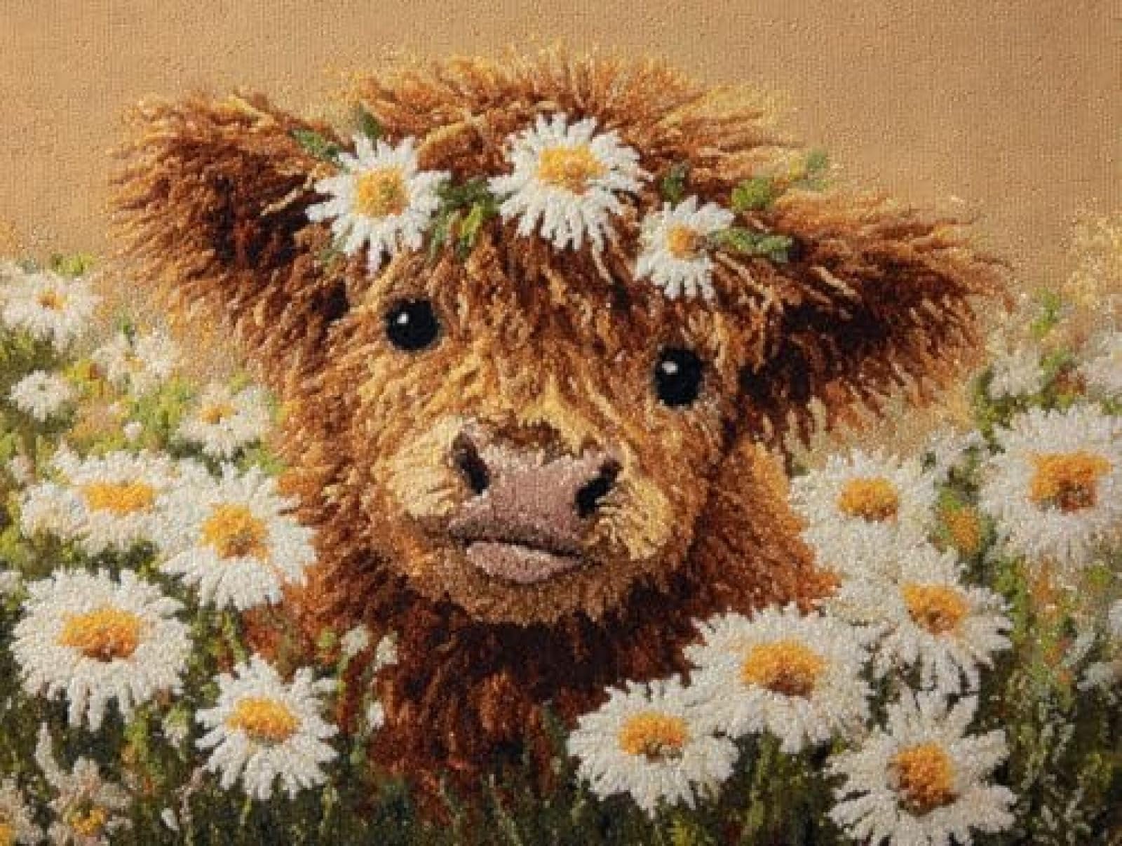 XDEGHUANGSS DIY Latch Hook Rug Kit Cute Highland Cow Portrait in Daisy Flowers Color-Stamped Carpet Tapestry 52x38cm Yarn Hooking Crochet Mat Home Floor Decor-7