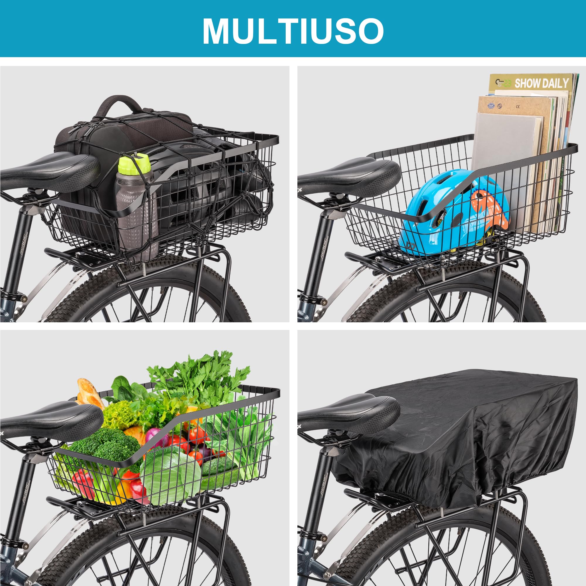 CXWXC Cestino posteriore per bici – Cestino posteriore con rete di trasporto e copertura impermeabile – Accessori per e-bike, cestini posteriori, ampia capienza per bici da adulto