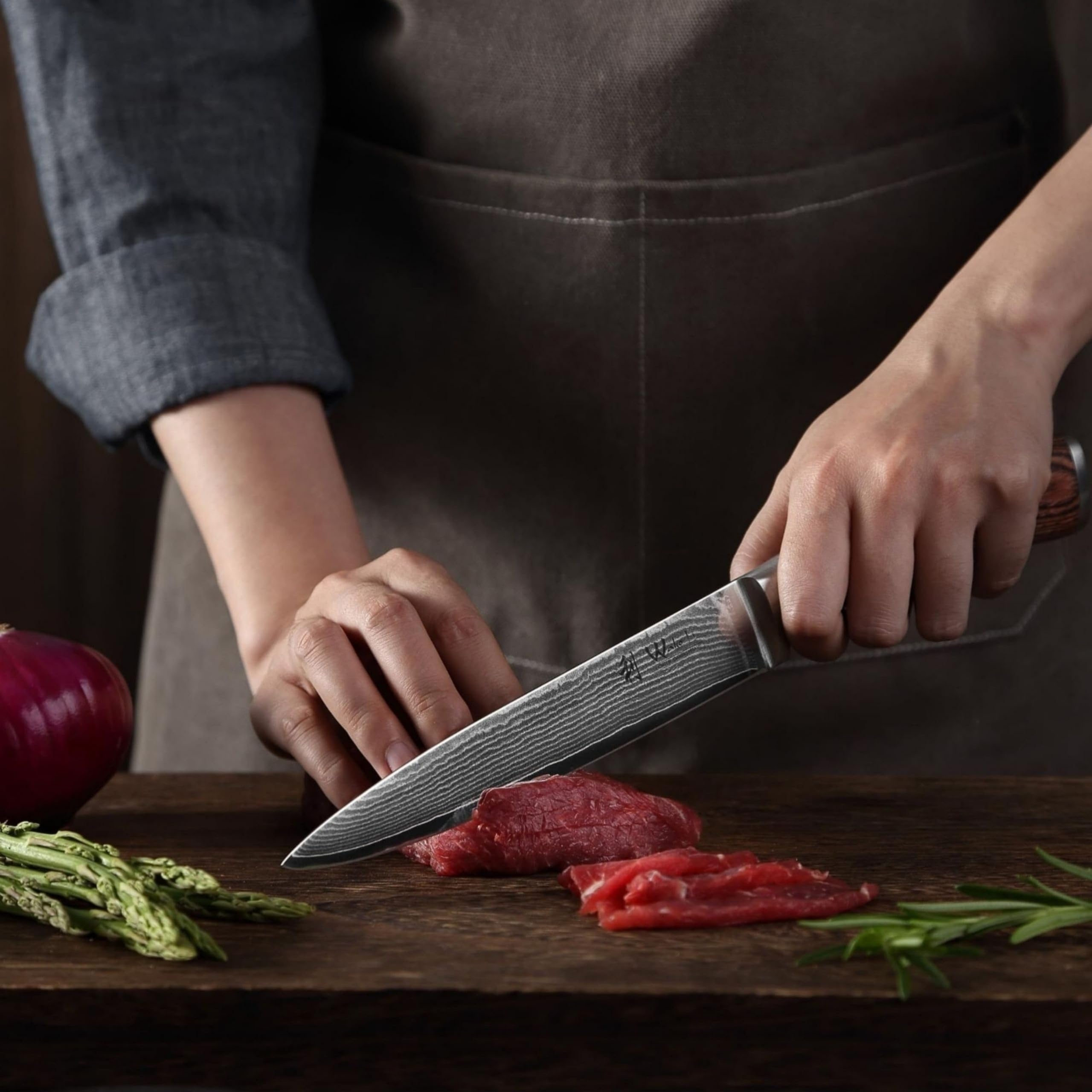 WAKOLI EDIB Set de 5 Couteaux de Cuisine Professionnels en Acier de Damas | avec des lames à 67 couches, un noyau VG10, des manches en bois de pakka, présentés dans un élégant coffret en bois